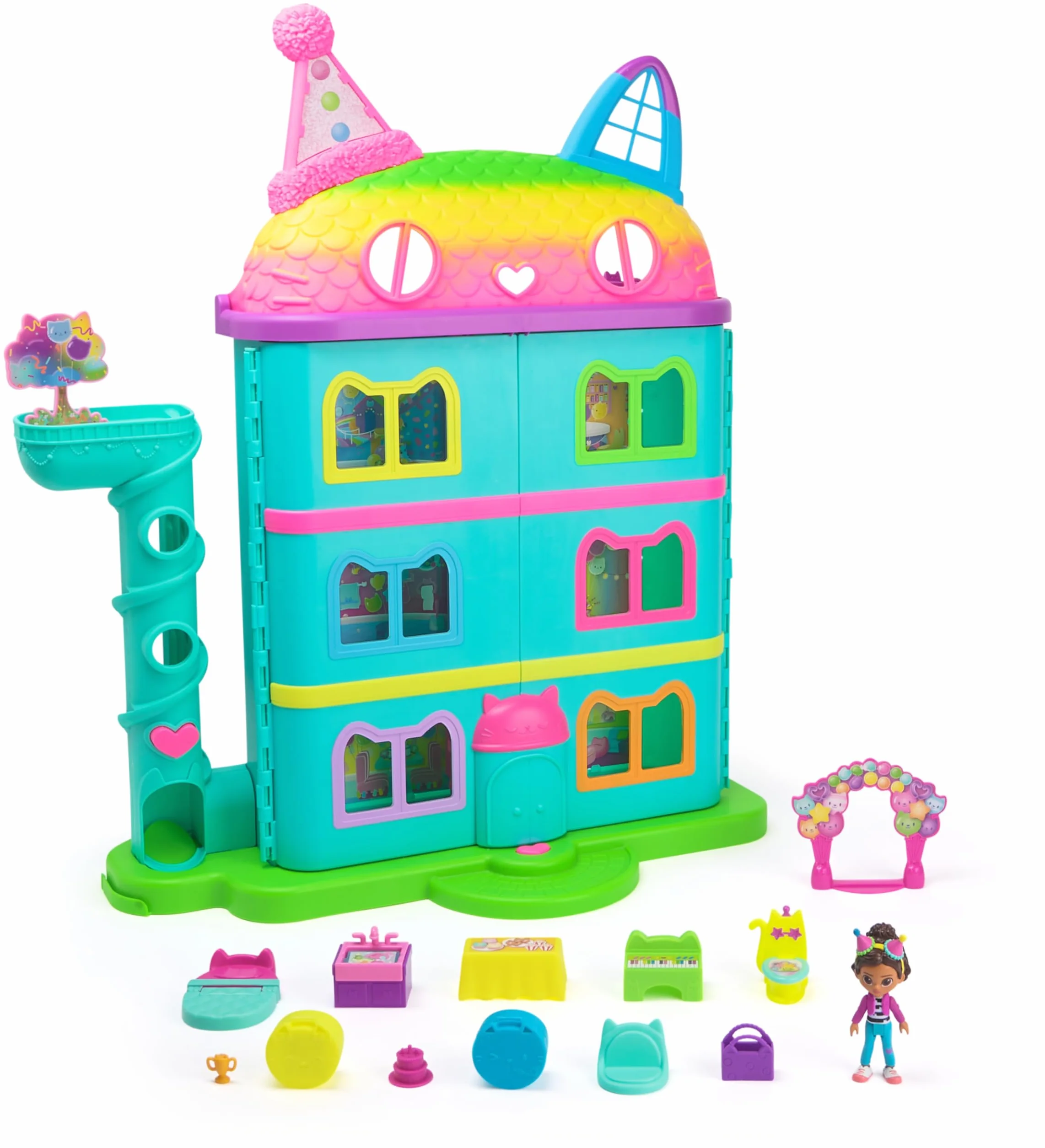 Gabby's Dollhouse, la Casa delle Bambole di Gabby a Tema Festa, 15 Pezzi a Tema Arcobaleno, Personaggi e Mobili per la Casa delle Bambole con Effetti Sonori, Alta 60 cm, 3+ Anni