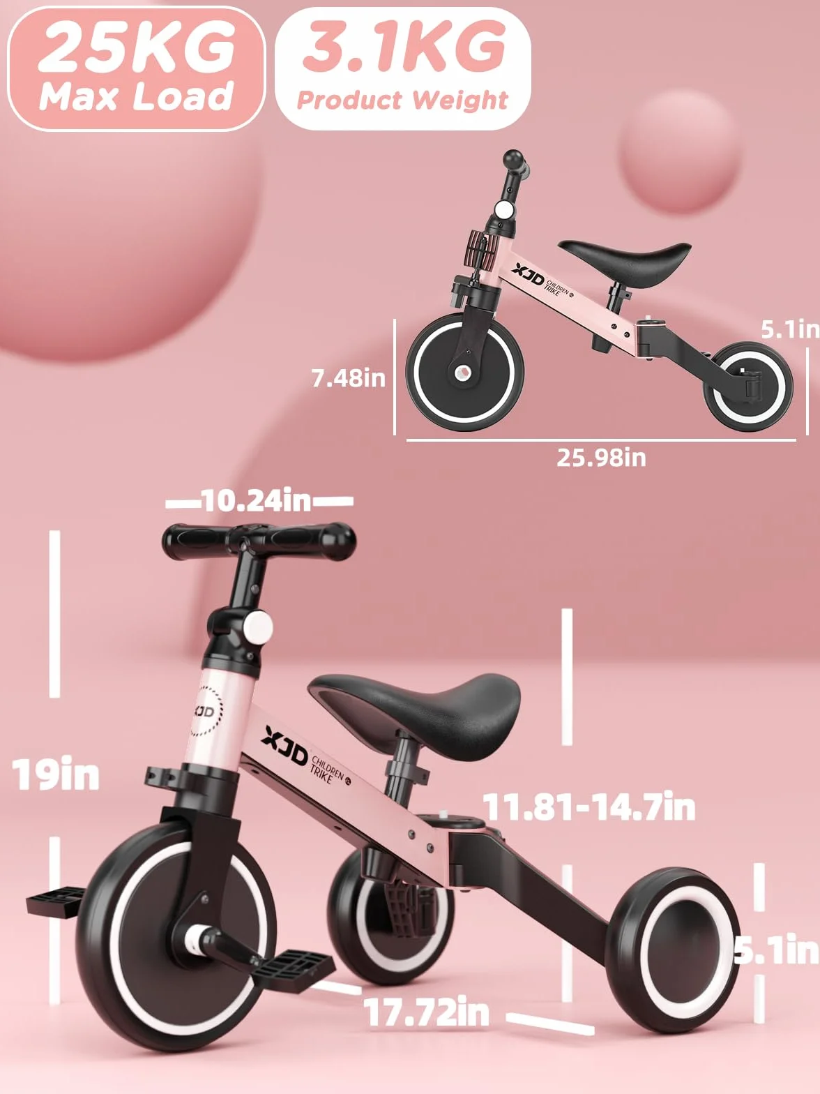 XJD Triciclo 3 in 1 per bambini e ragazze da 10 a 36 mesi senza pedali per bambini con regolabile sedile manubrio e pedali smontabili 1 anno regalo di compleanno (Rosa, 3 en 1 - Clásico)
