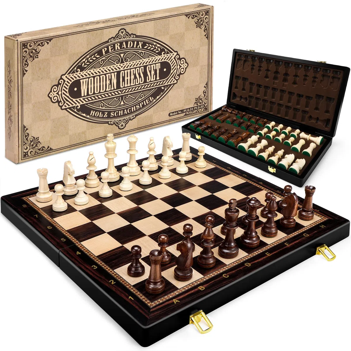 Peradix 48 x 48 CM Grande Gioco di Scacchi in Legno - Scacchiera Pieghevole in Legno di Alta Qualità con 34 Grandi e Pesanti Pezzi di Scacchi - Scacchi per Adulti e Bambini (48×48 cm, Nero)