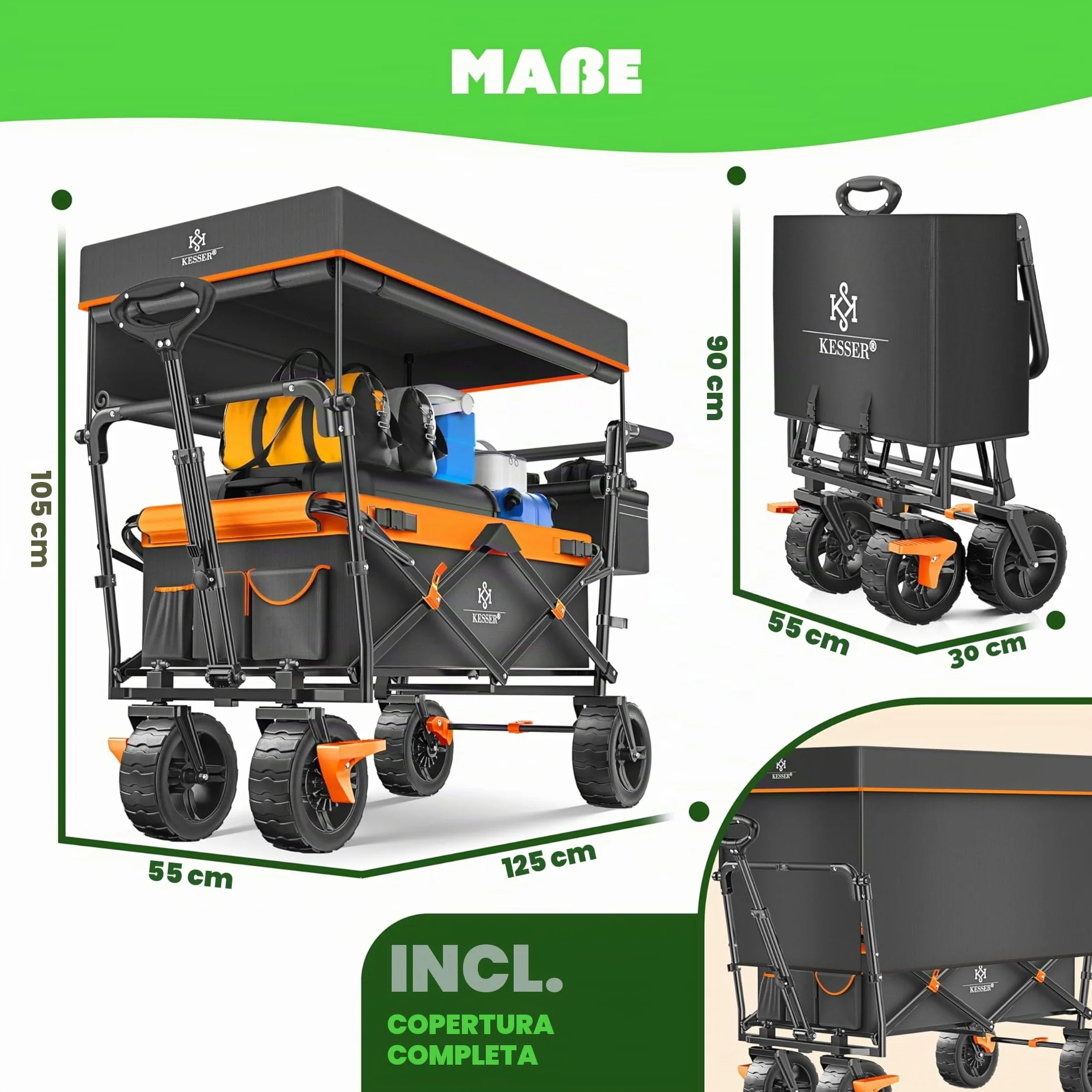 KESSER® Carrello pieghevole GT9000 con tetto | Carrello di trasporto max. portata 150 kg con ruote in gomma dura e freni anteriore/posteriore | Include serratura, copertura