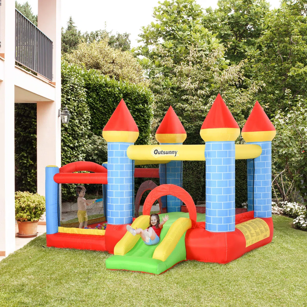 Outsunny Castello Gonfiabile Gigante e Rimbalzante per Bambini 3-8 Anni con Scivolo, Piscina e Canestro, 280cmx260cmx210cm