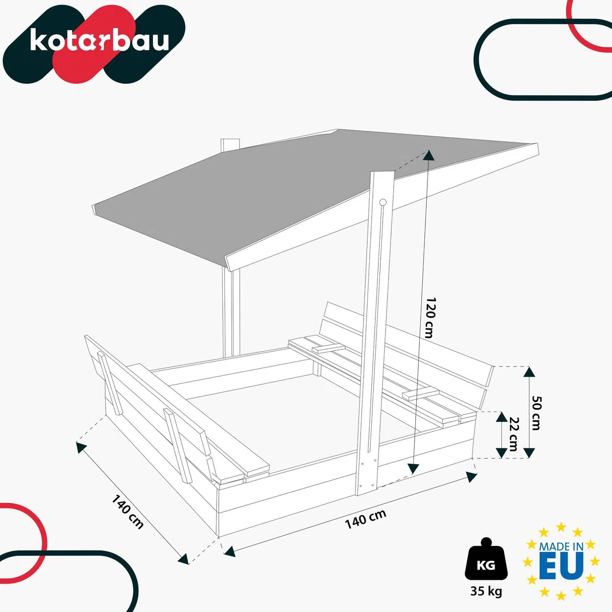 KOTARBAU® Sabbiera per Bambini - Legno di Pino - 140 x 140 cm - Naturale - Sabbiera con Coperchio - con Tetto Grigio e Sedute - da Esterno Giardino - Protezione Sole Pioggia