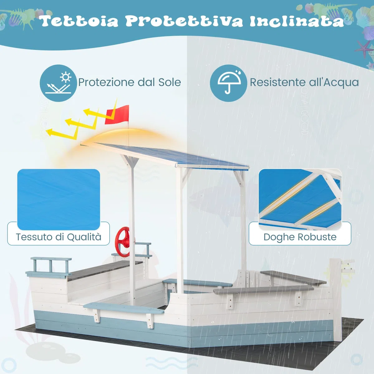 GYMAX Sabbiera in Legno di Abete, Casetta da Gioco per Giardino a Forma di Nave con Tetto Spiovente, Rivestimento, Sedili Multipli, Ampio Spazio di Stoccaggio, Sabbiera da Esterno per Bambini