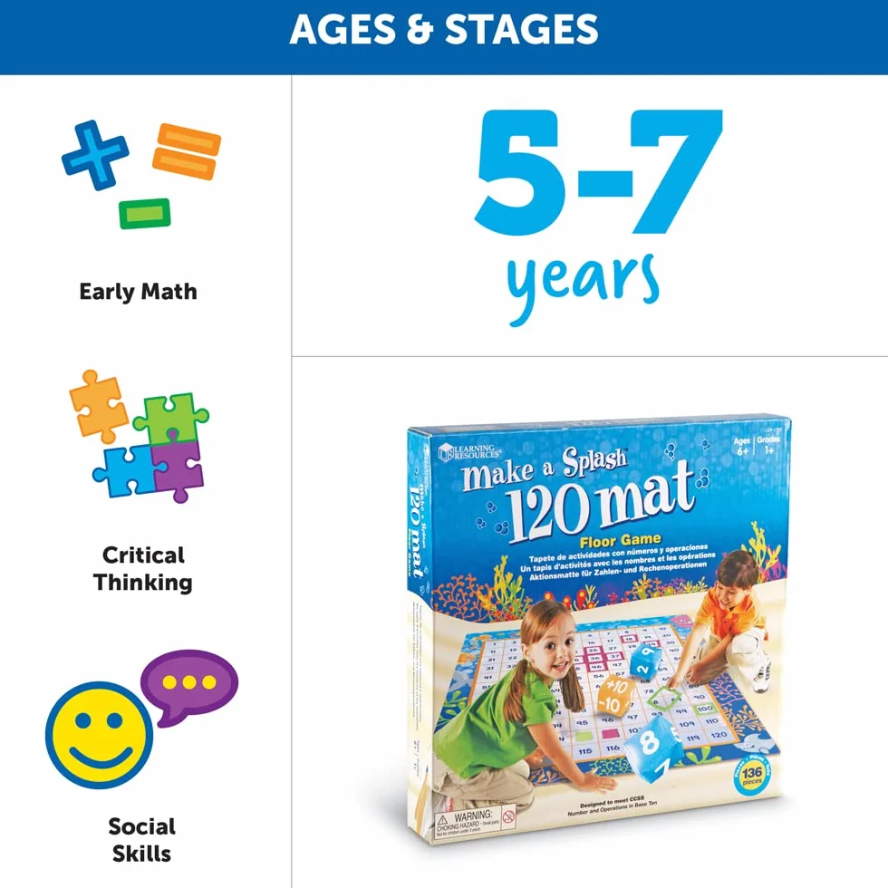 Learning Resources Make a Splash Tappeto Matematico da Pavimento 120 Numeri per Bambini 6+ Gioco Educativo STEM Addizioni Sottrazioni Regalo Natale Scuola