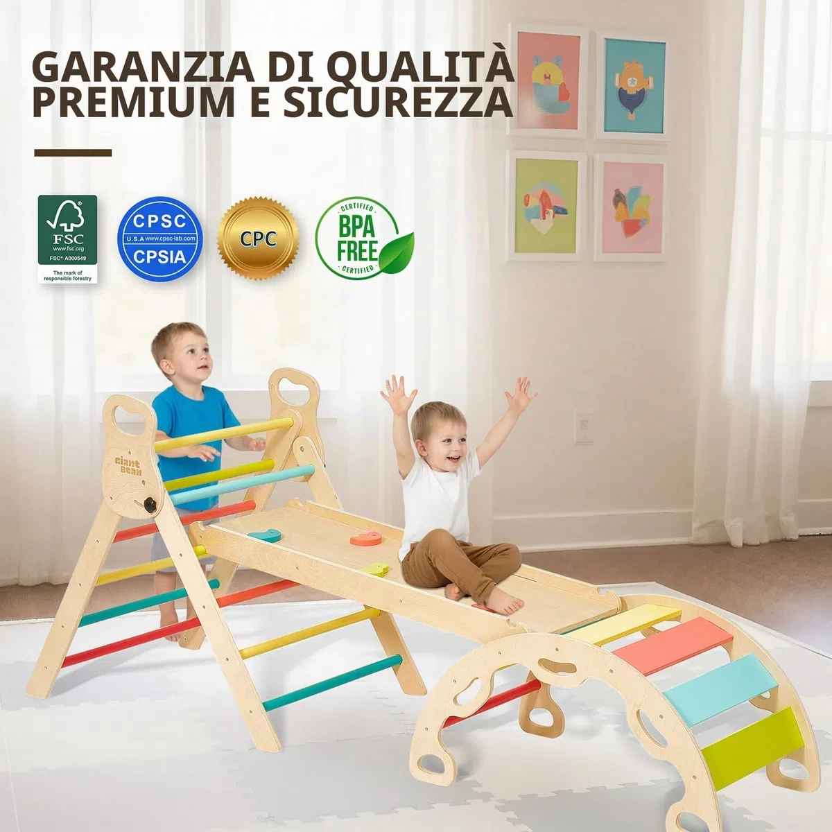 Giant bean Trianglello per Arrampicata Montessori 5 in 1 con Arco da Scalata e Scivolo, Struttura in Legno per Bambini 2-5 Anni