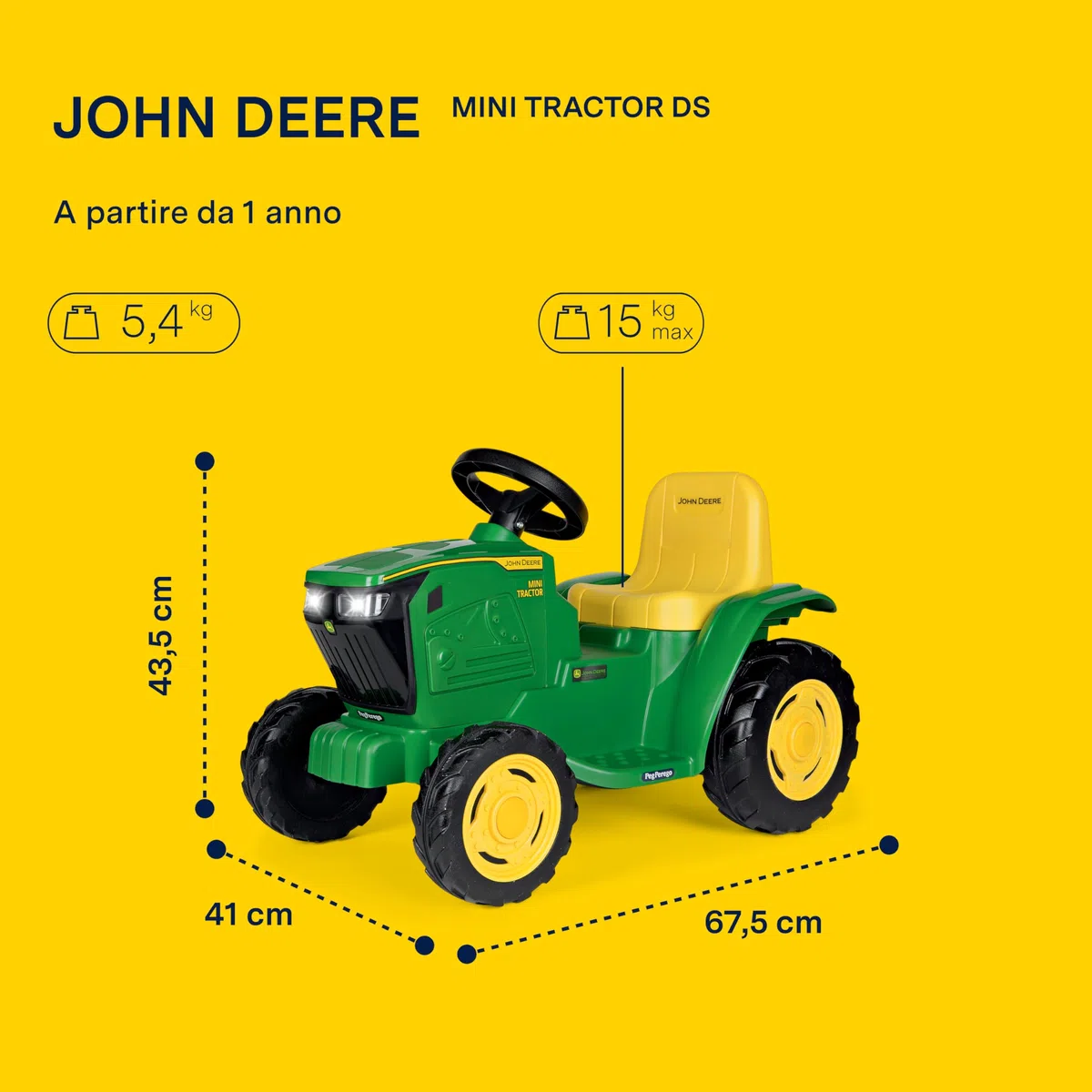 PEG John Deere Mini Tractor Trattore Elettrico Cavalcabile 6V per Bambini da 1 Anno con Batteria Ricaricabile, Luci LED, Clacson, Suoni e Melodie