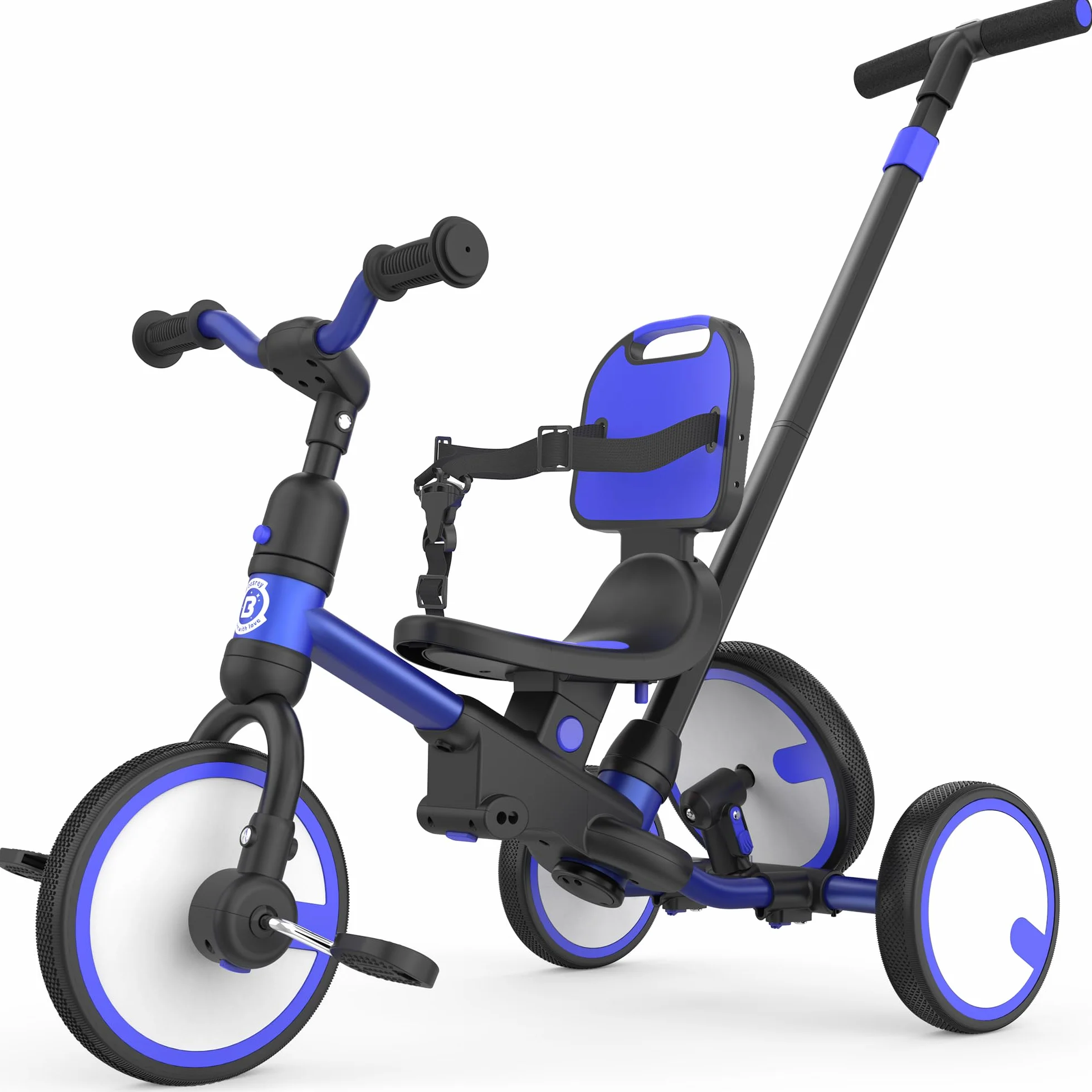 Besrey Triciclo Bambini 5 in 1 – Triciclo Evolutivo con Maniglione e Ruota di Scorta, Bici Senza Pedali per Bambini da 18 Mesi Dotato di Schienale e Cintura, Regalo Compleanno per Bambini (Blu scuro)