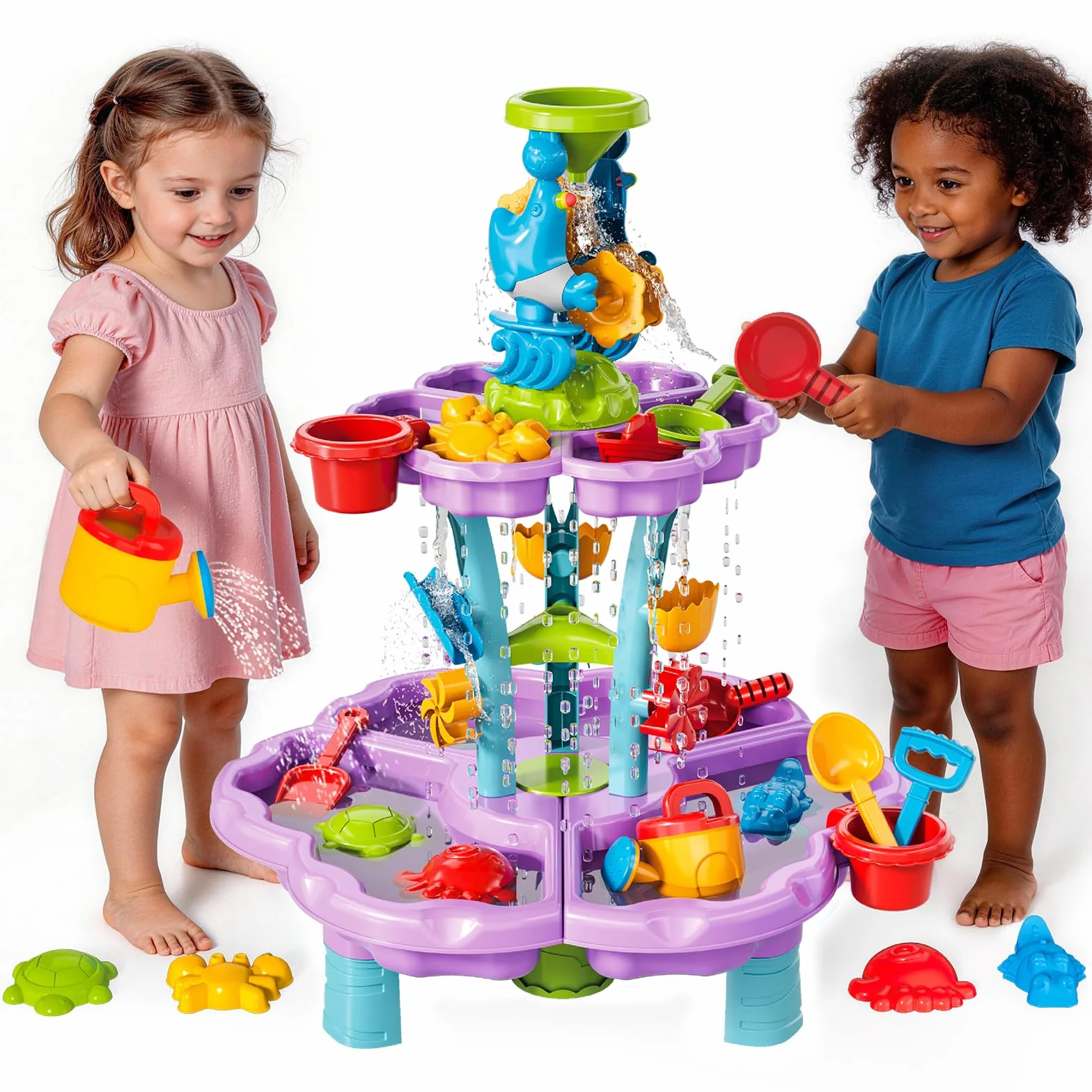 deAO Tavolo Acqua Bambini 3+ Anni – Tavolo Sensoriale Multilivello con Cascata e Fontana, Set 13 Accessori con Secchiello e Pale, Giochi da Esterno per Bambini Giardino Sabbiera