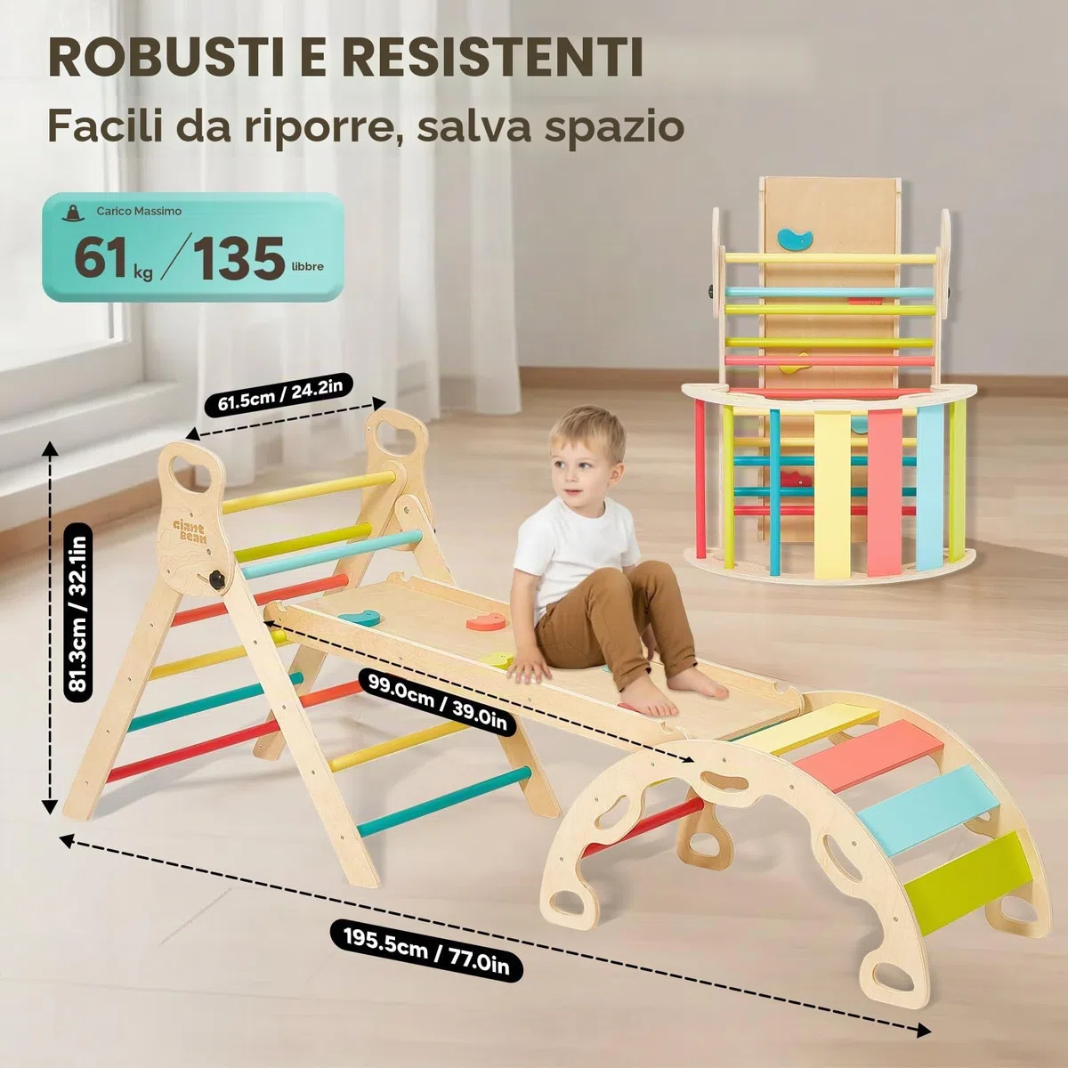 Giant bean Trianglello per Arrampicata Montessori 5 in 1 con Arco da Scalata e Scivolo, Struttura in Legno per Bambini 2-5 Anni
