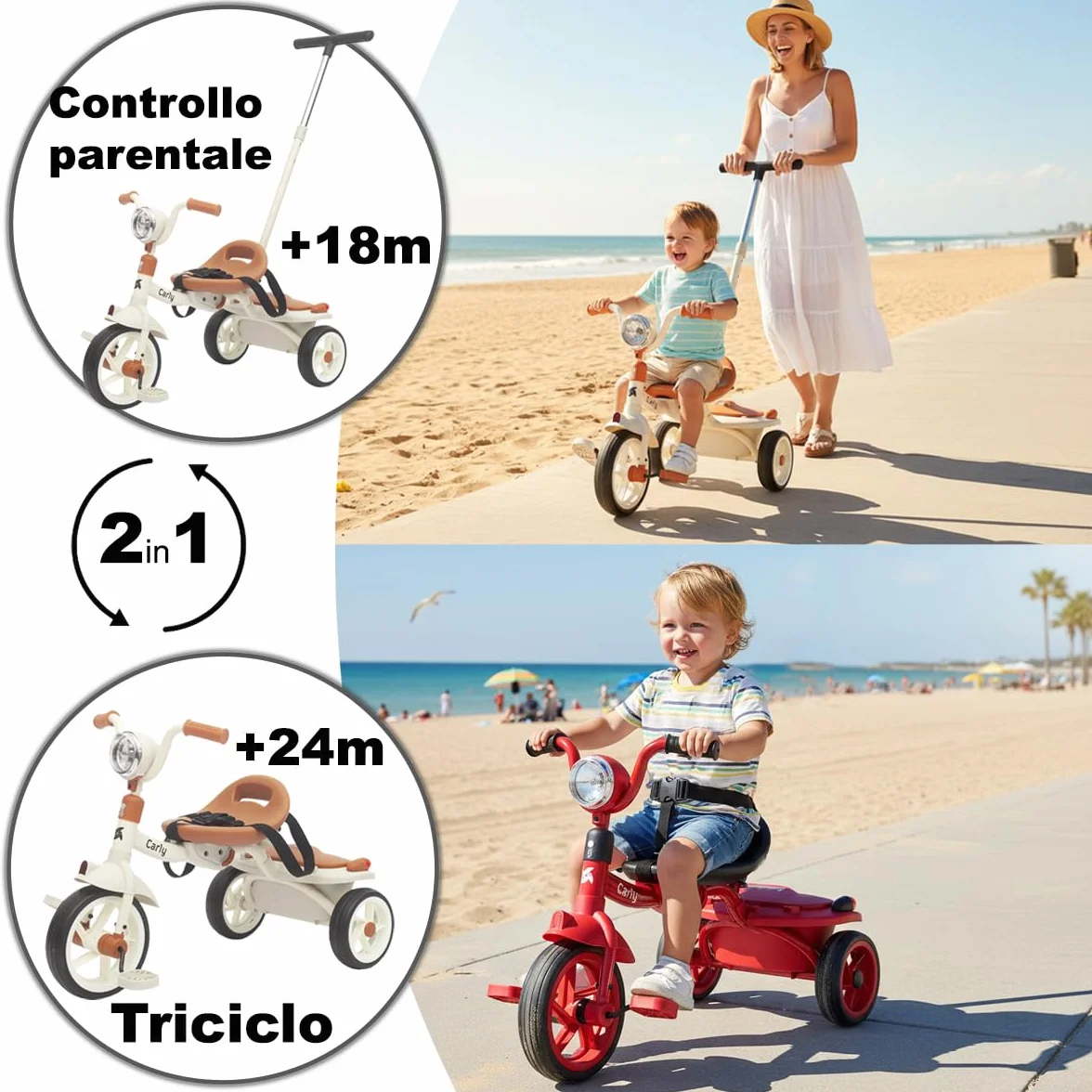 Twinly Triciclo Evolutivo per Bambini Pieghevole per bambini 1-5 Anni - Triciclo per Bambini Leggero e Compatto - Manubrio con Luce e Suono, Cestino e Barra di Spinta Regolabile Carly (Bianco)