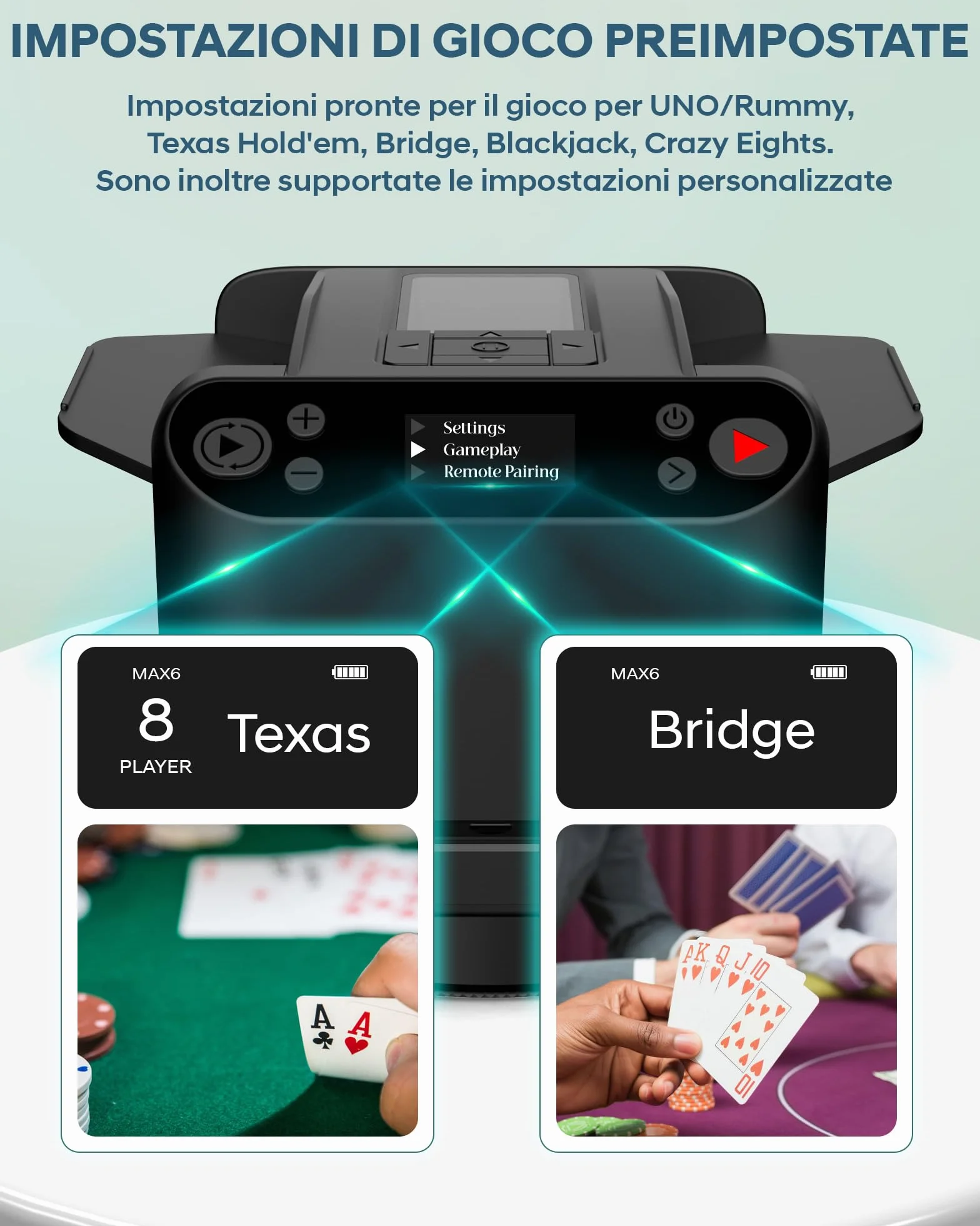 Mescolatore e Distributore Automatico di Carte – Rotazione 360° per 1–2 Mazzi, 2–12 Giocatori con 4 Telecomandi | Modalità di Gioco Integrate, Ricaricabile & Silenzioso per Poker, UNO, Phase 10 (Nero)