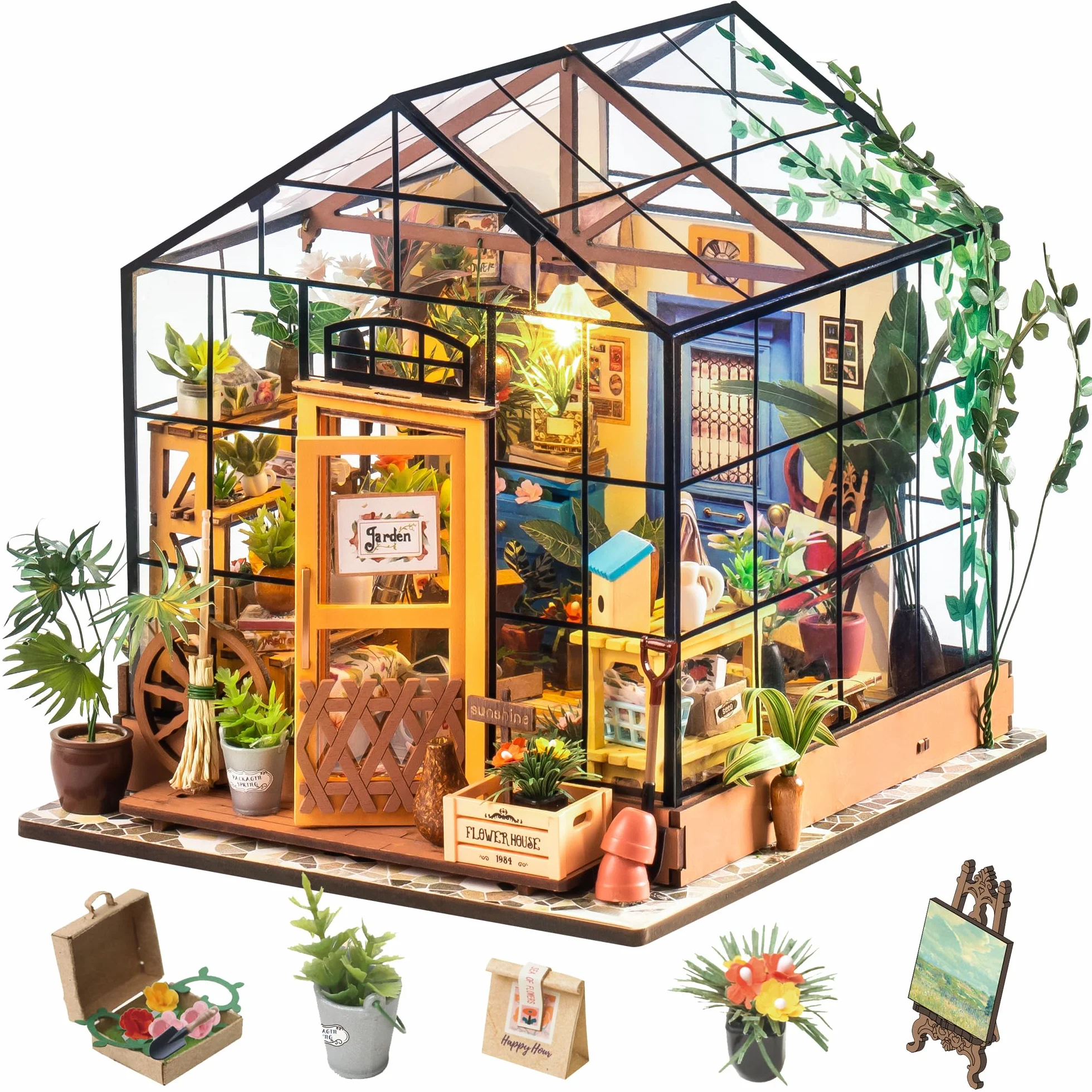 Rolife Casa di Bambole in Legno Casa in Miniatura Kit con LED Creativo Compleanno Regali di Natale Per Adulti-Cathy's Flower House