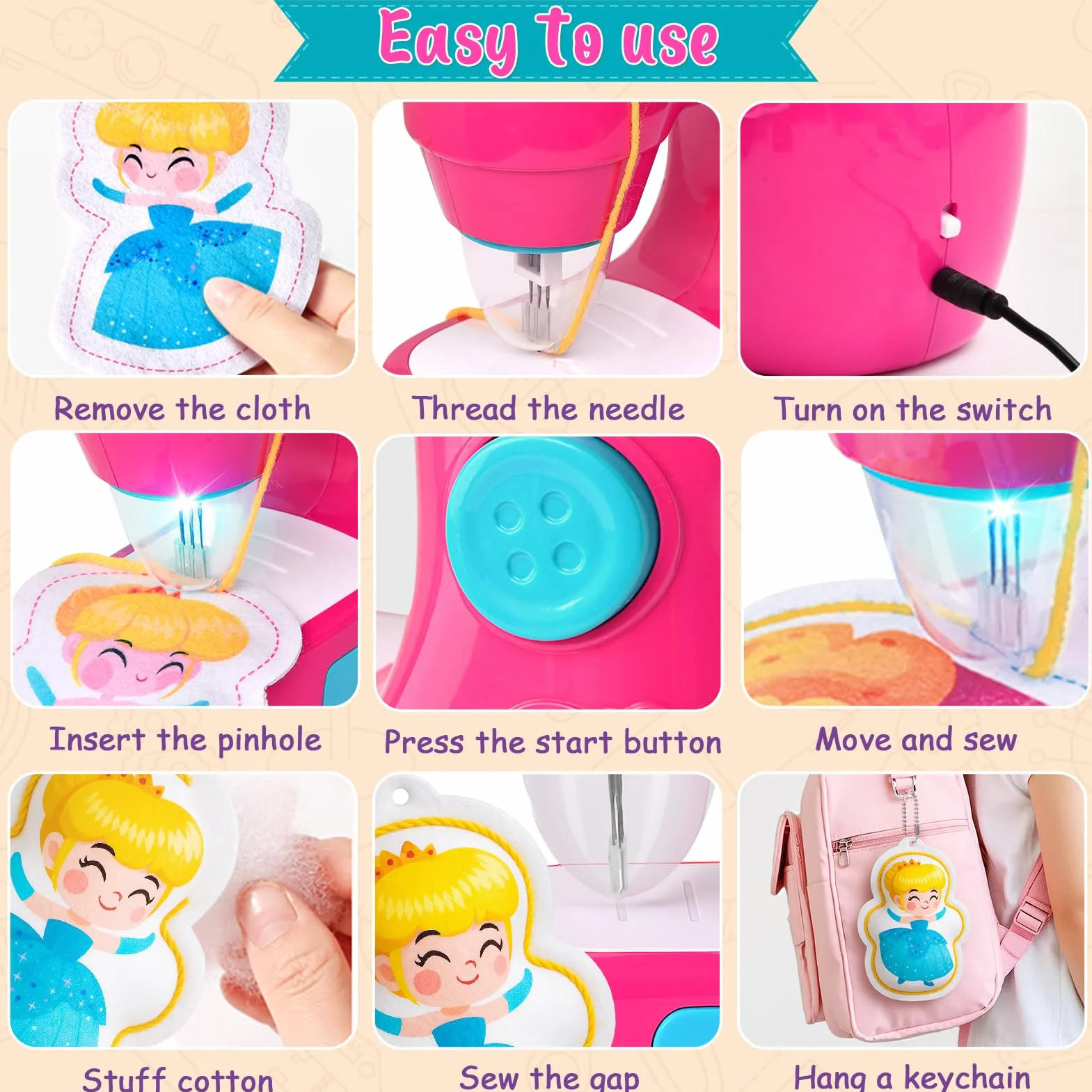 vamei Mini Macchina da Cucire Bambina, Sewing Machine Elettrica con Tessuti, Fili, Accessori Completi, Kit Cucito Bambini, Kit Lavoretti Creativi per Bambini, Regalo Bambina 3+ Anni