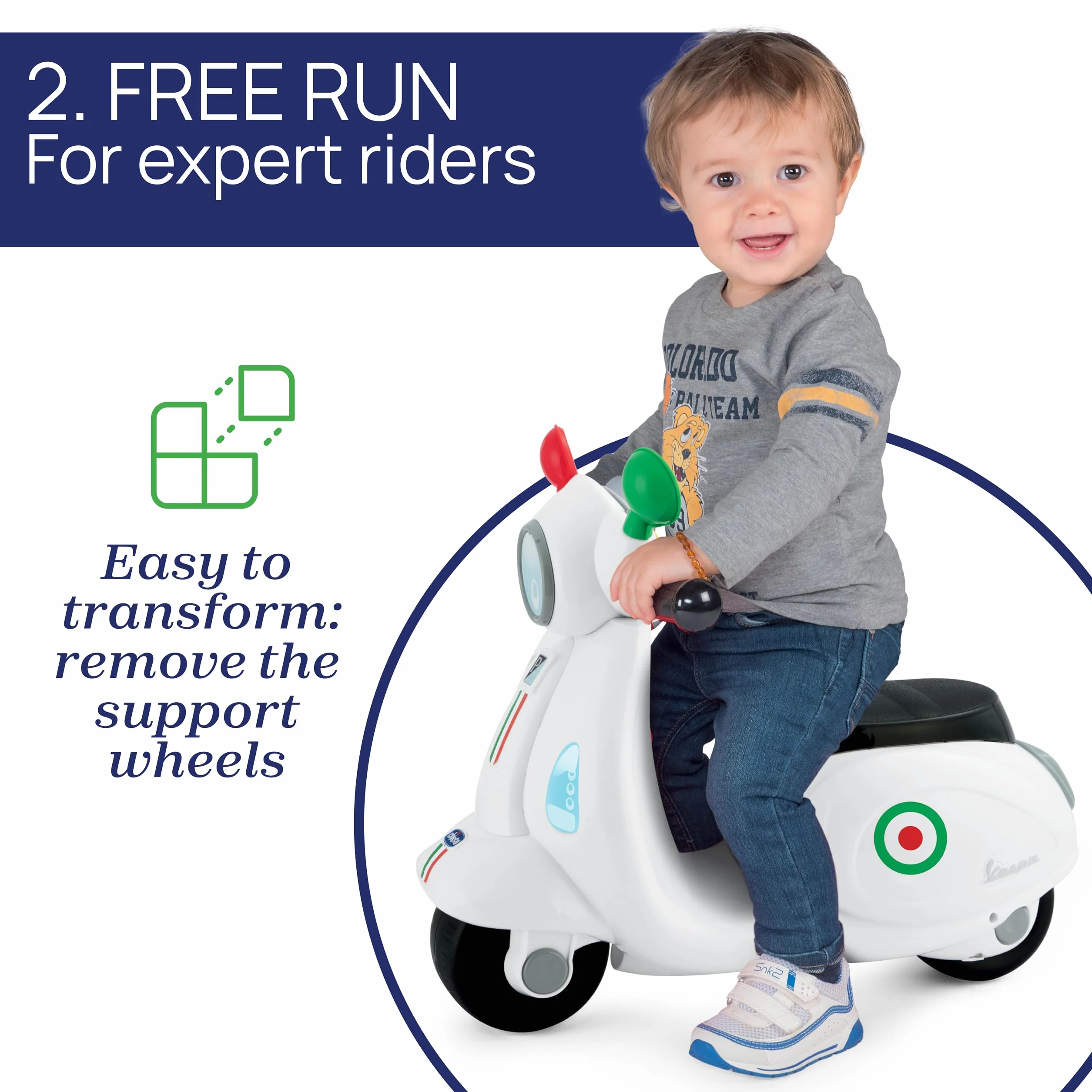 Chicco Vespa per Bambini Primavera Bianca, Moto Giocattolo Cavalcabile con Pannello Elettronico, Luci e Suoni, Ruote di Supporto Rimuovibili, Max 25 Kg, Giochi per Bambini 1-3 Anni