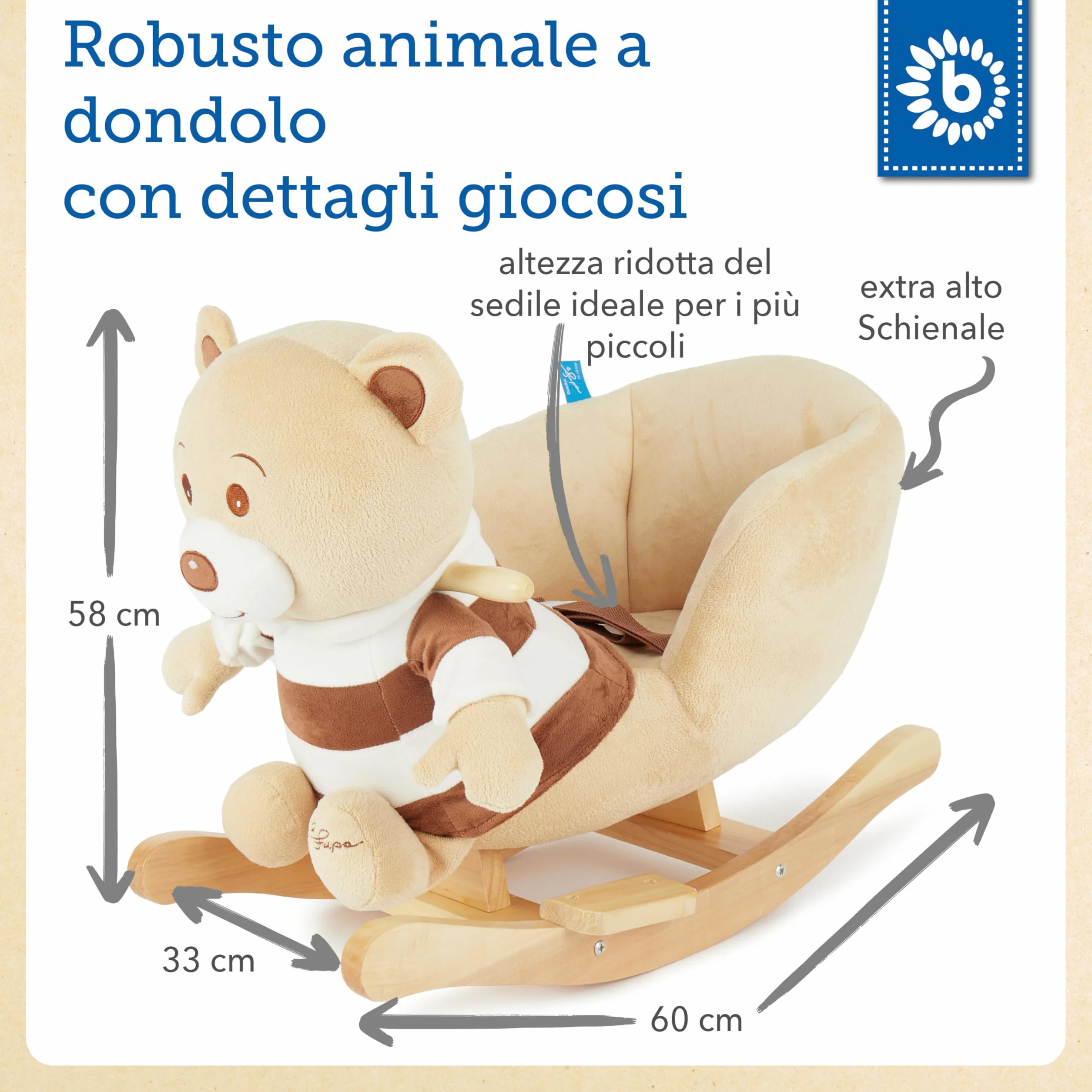 Bieco 74004003 - peluche a dondolo Bubu orso, marrone, per bambini sedia a dondolo, sedile e schienale, altalena peluche per neonati e bambini di circa 60 x 30 x 50 cm