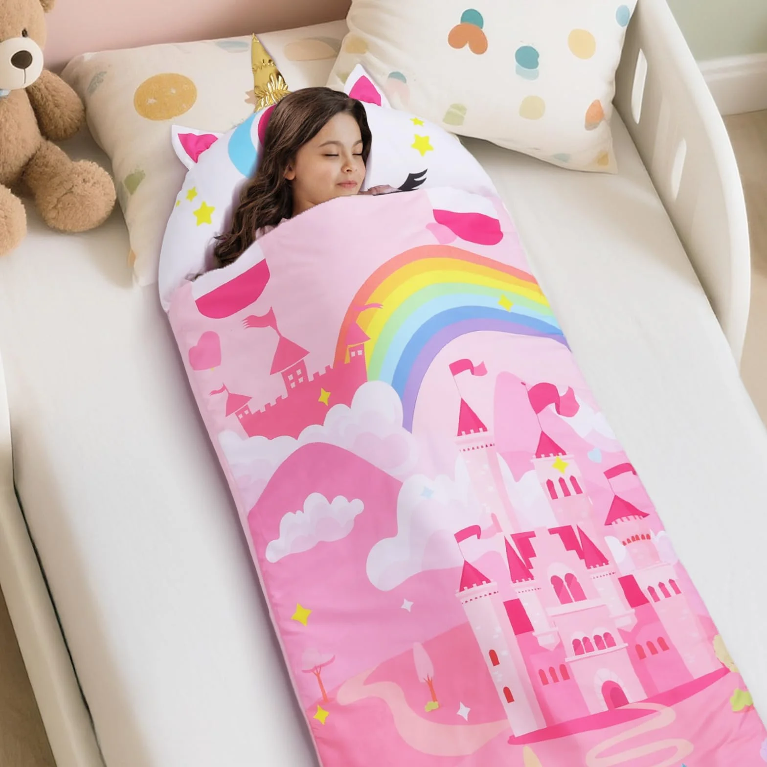 Decalsweet Nap Mat Caldo per Bambini con Rimovibile Cuscino, Sacco a Pelo Pieghevole per Ragazze Ragazzi, Nap Mats con Doppia Cerniera per Campeggio, Scuola Materna e Asilo, 150×60cm