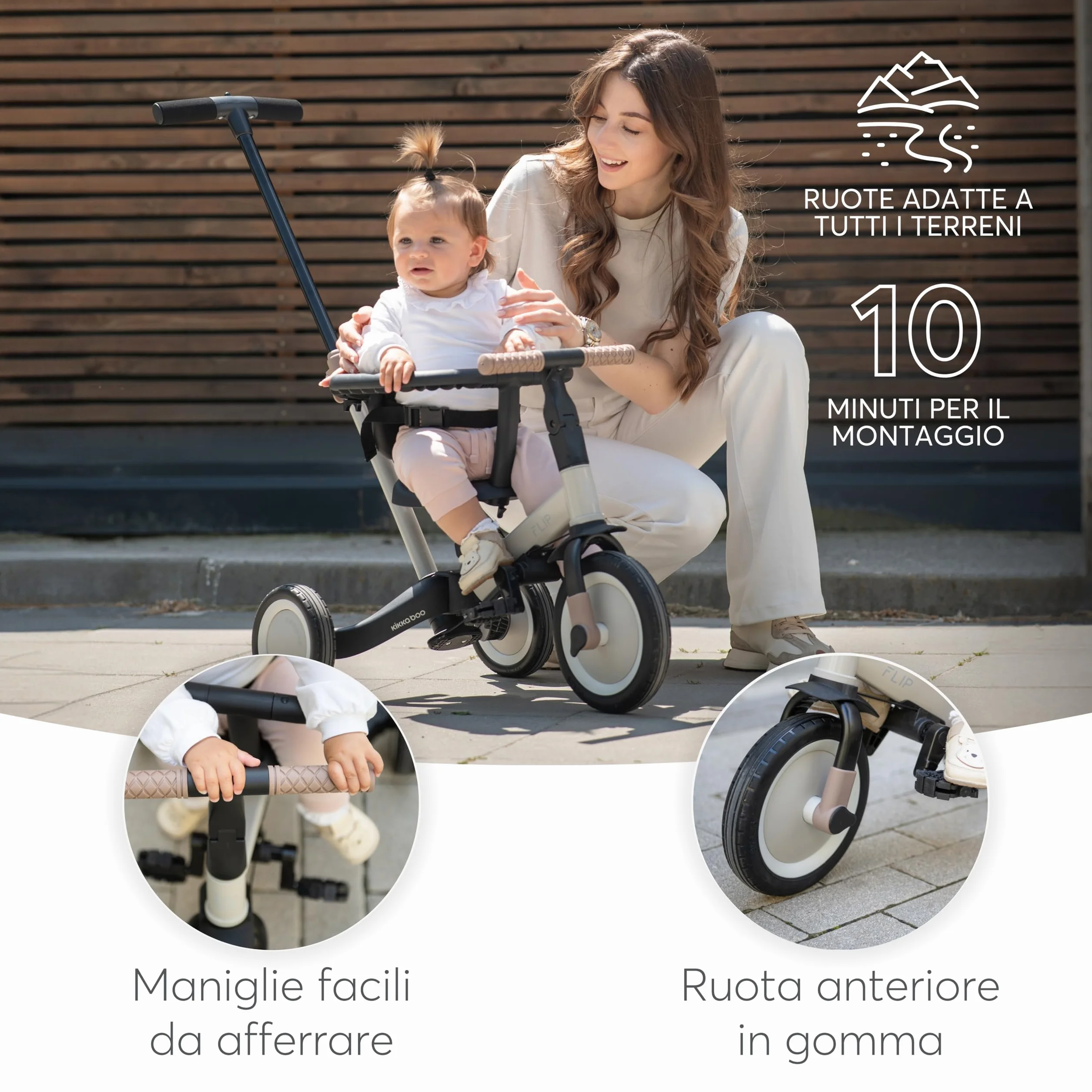 KikkaBoo Triciclo Evolutivo 5 in 1 per Bambini da 1 a 5 Anni FLIP, Triciclo Passeggino con Maniglione Regolabile, Con o Senza Pedali, Trasformabile in Bicicletta, Verde militare