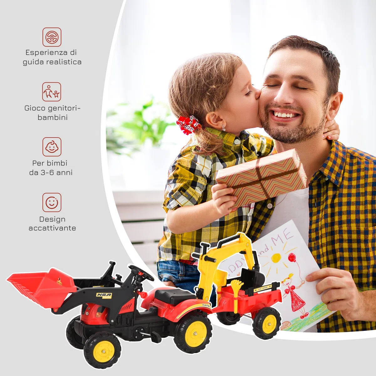 HOMCOM Ruspa Giocattolo a Pedali, Escavatore Cavalcabile per Bambini 179x42x59cm Multicolore