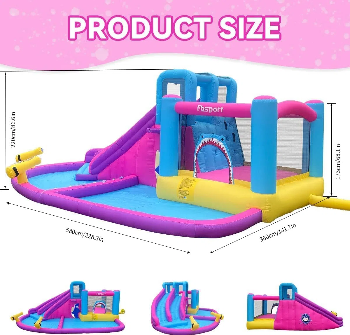 FBSPORT Castello Gonfiabile con Ventilatore 545 x 365 x 218 cm con Scivolo Trampolino Piscina Parete da Arrampicata, Piscina di Palline oceaniche Parco Acquatico per Bambini