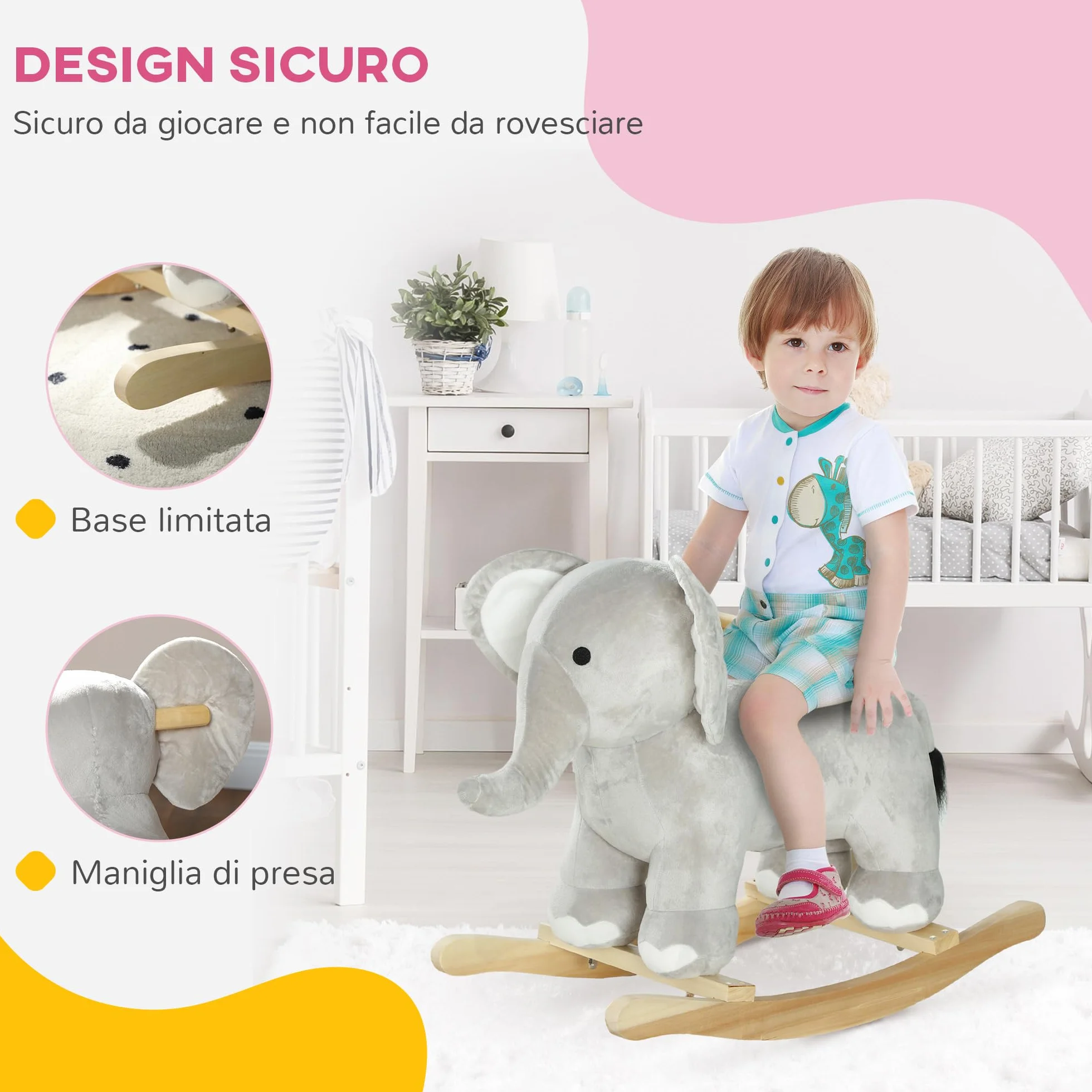 AIYAPLAY Cavallo a Dondolo per Bambini a Forma di Elefante, Cavalluccio a Dondolo Cavalcabile in Legno e Peluche con Base e Suoni Realistici, 2-4 Anni, 64.5x31x52 cm, Grigio