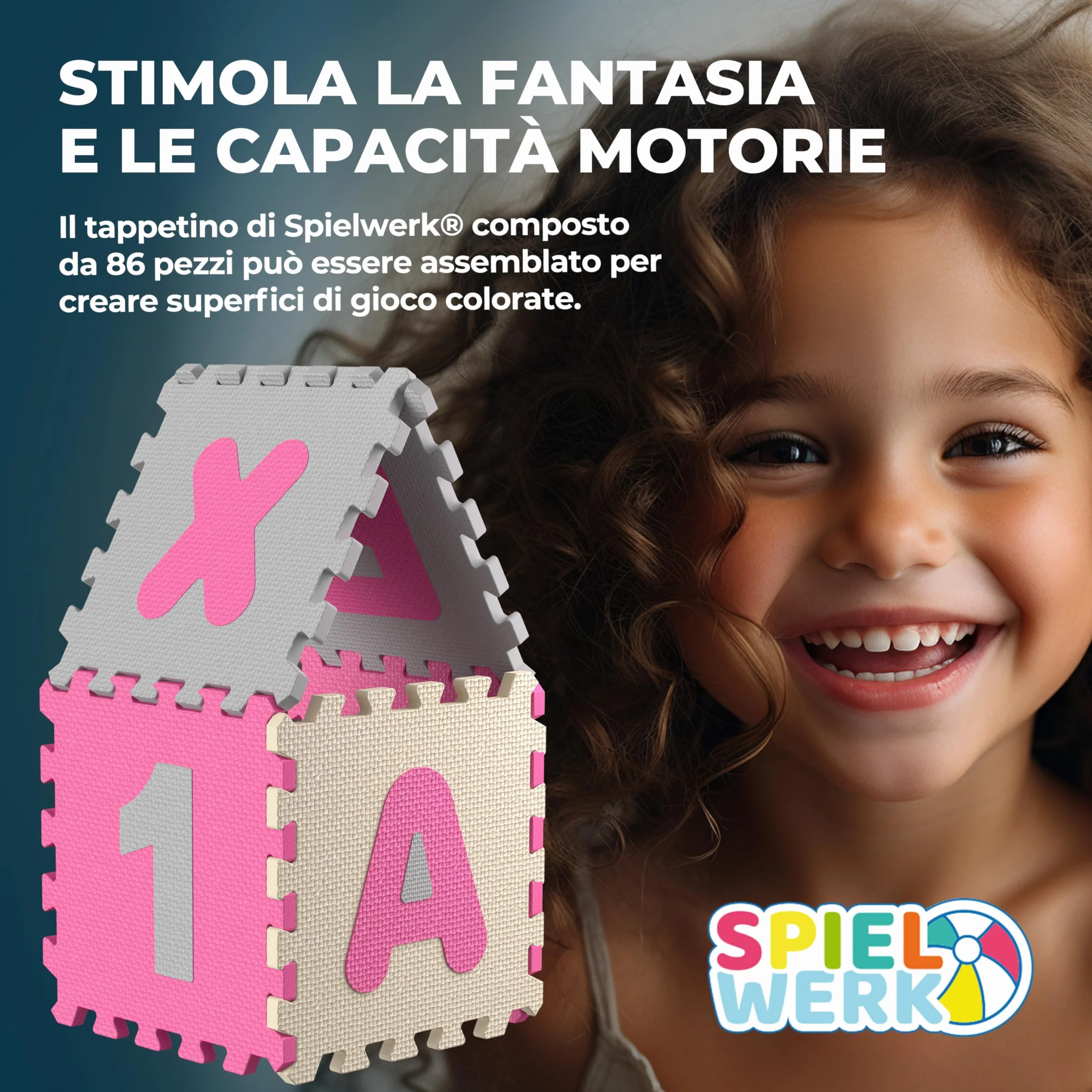 Spielwerk® Tappeto Puzzle XXL 86 Pz per Bambini 3,3m² Tappetino per Gattonare Lettere Numeri Apprendimento Gommapiuma
