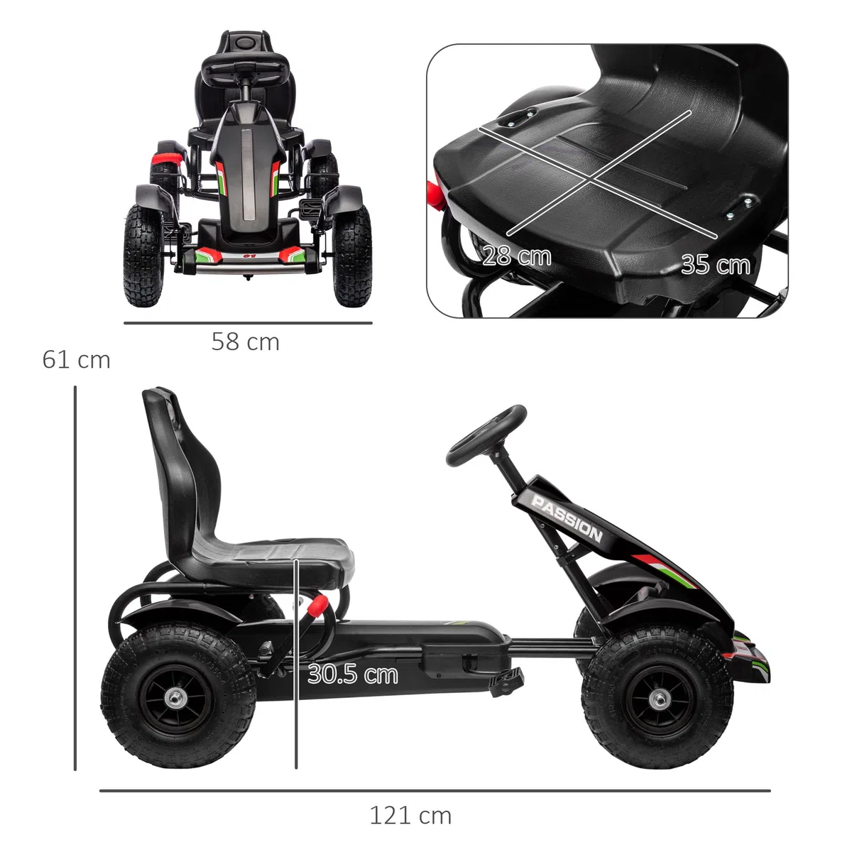 HOMCOM Go Kart per Bambini 5-12 Anni, Kart a Pedali in Plastica e Metallo, Sedile Regolabile, Freno a Mano, Retromarcia, 121x58x61 cm, Nero