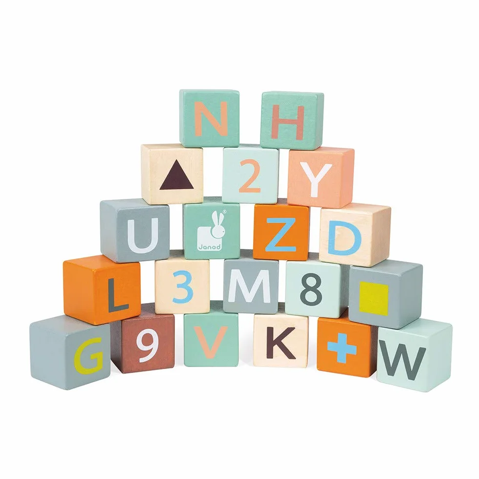 Janod - Carrello ABC Sweet Cocoon - Carrello Primi Passi Didattico in Legno a Spinta - con 20 Cubi Lettere Alfabeto, Numeri e Forme + 3 Stecche Pallottoliere - Vernice Ad Acqua - da 1 Anno, J04408