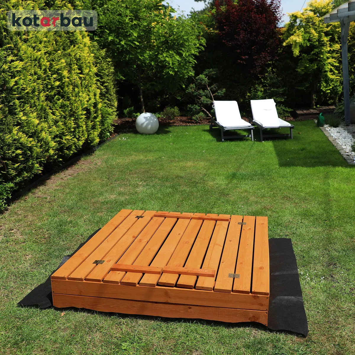 KOTARBAU® Sabbiera per Bambini con Coperchio - Legno di Pino - 120 x 120cm - Marrone - Sabbiera da Giardino per Bambini - con Panche Pieghevoli e Telo Antierba - Impragnato