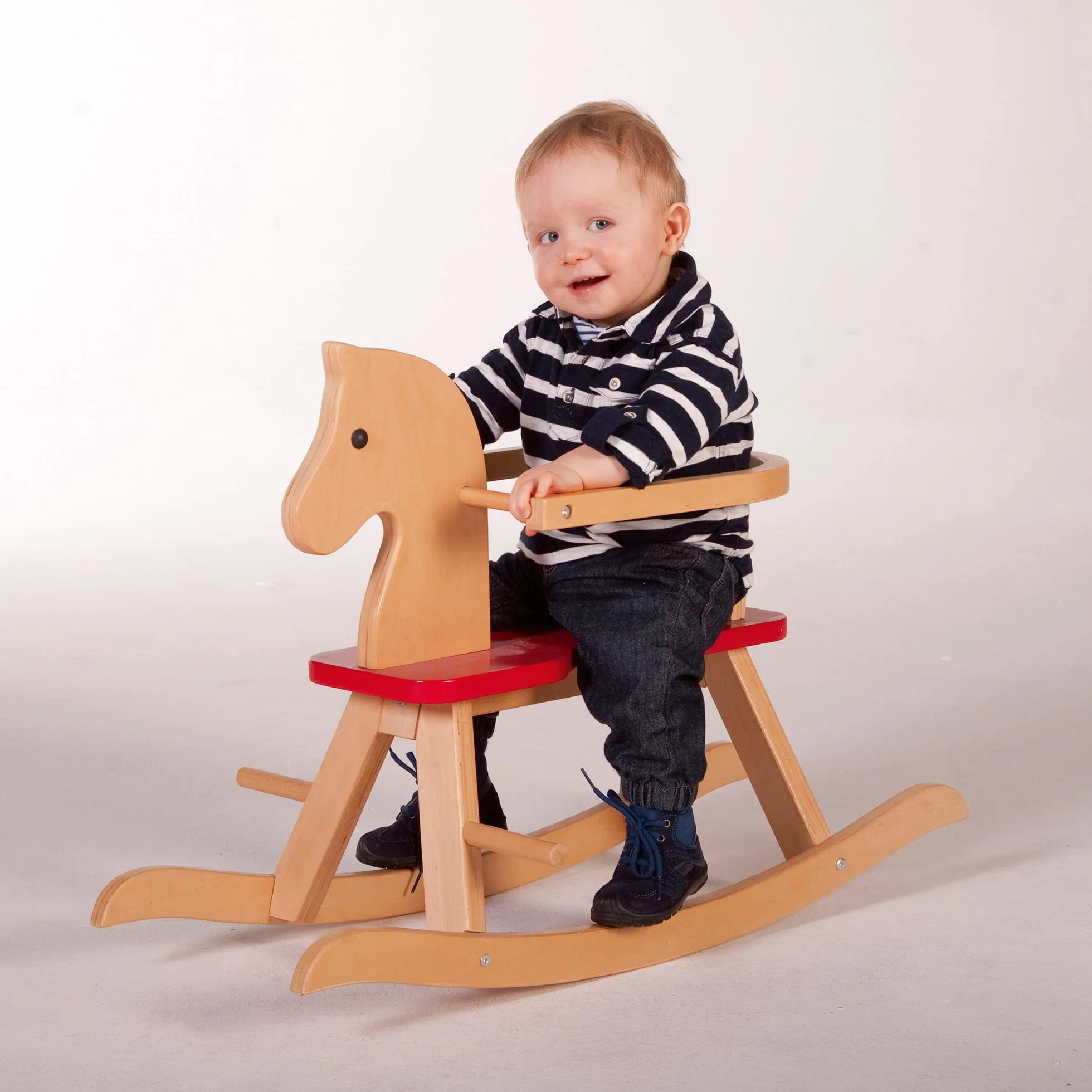 roba Cavallo a Dondolo per Bambini - Anello di Protezione Rimovibile - dai 12 Mesi in Su - Ideale come Regalo di Compleanno e Natale - Legno Massiccio - Sedile Rosso