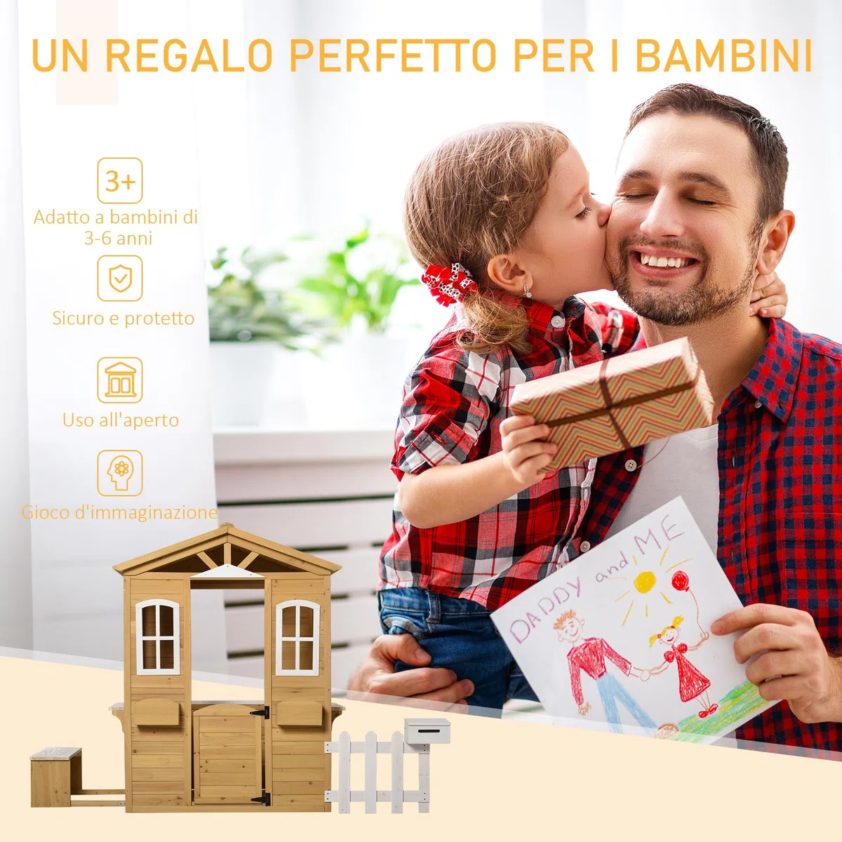 Outsunny Casetta Bambini Legno Giardino con Finestre Staccionata Portavasi Panca 205x119x140 cm