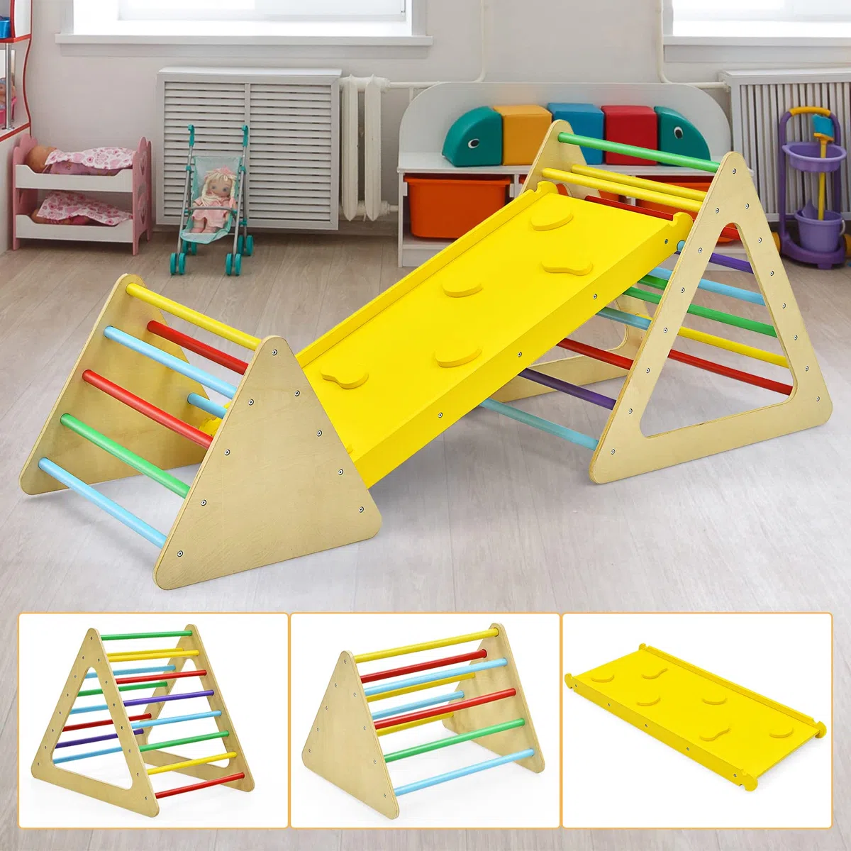 GYMAX Triangolo da Arrampicata per Bambini con Scivolo, Legno, Giocattolo a Scala, Esterno, Montessori, Colorato