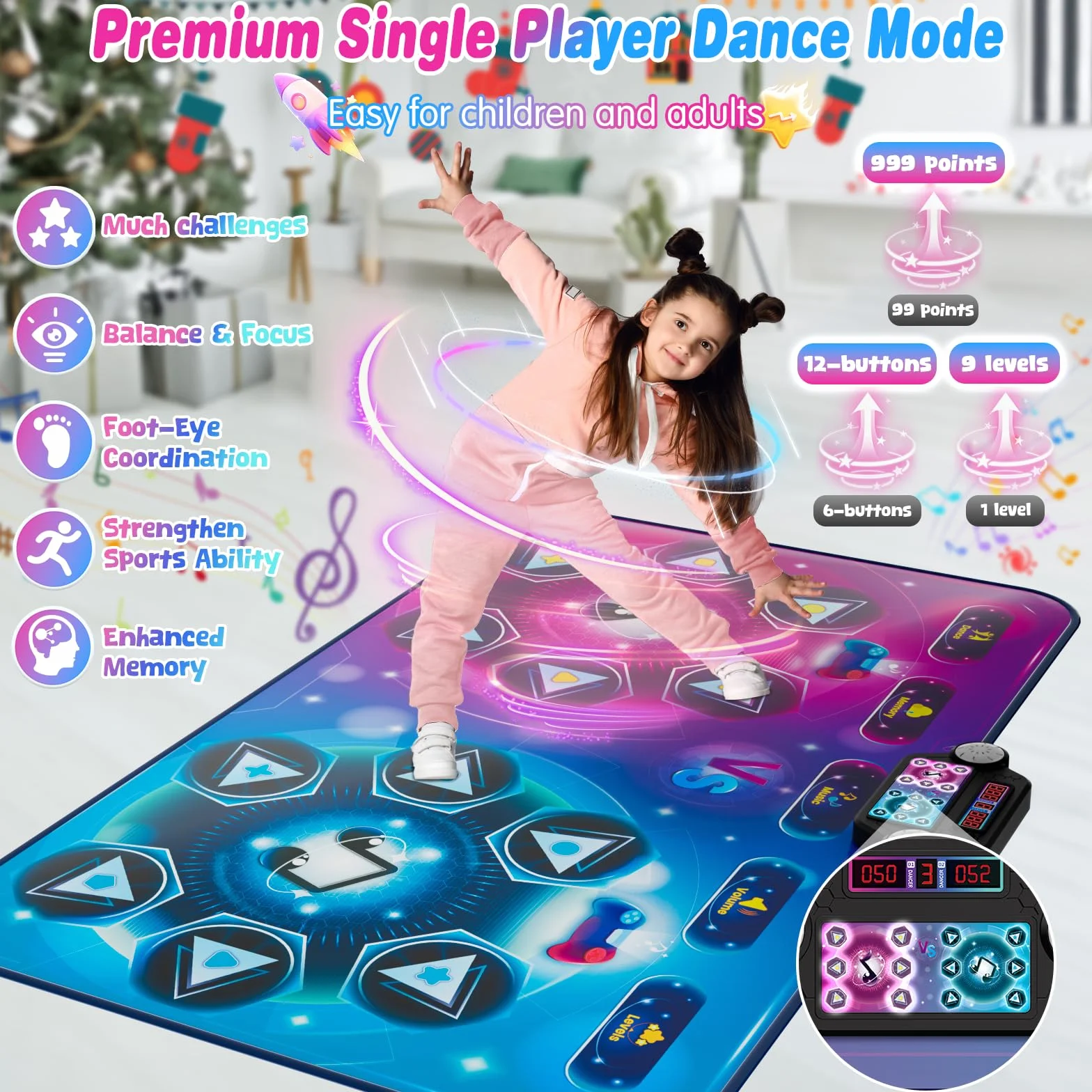 Tappetino da ballo per 2 utenti, elettronico, per giochi di danza, modalità 1 o 2 giocatori, tappetino da gioco, con scatola di batterie, a LED, per bambini e bambine 3-12 anni