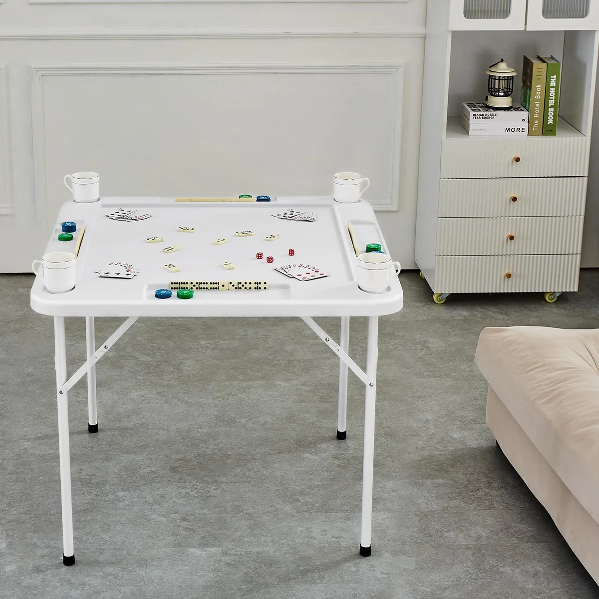 VEVOR Tavolo Mahjong Pieghevole Quadrato 4 Giocatori con Portabicchieri, 900 x 900 mm, Bianco