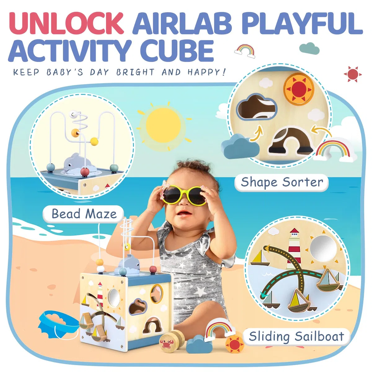 Airlab Cubo Montessori 1 Anno, Giochi Bambini Bambina Bambino 2 3 4 anni, Giochi Legno Bimba Bimbo Educativi Montessori, Labirinti di Perline, Giocattoli Regalo Compleanno Natale Ragazzi Ragazze 1 2 3