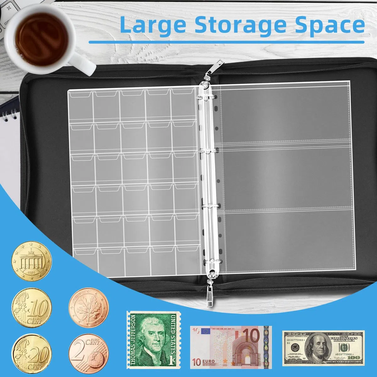 Ignifugo Album Raccoglitore Monete da 2 euro, Porta Monete da Collezione con 24 Pagine per 300 Monete e 36 Banconote in Euro, Dollari, Sterline e Pence (Blu)