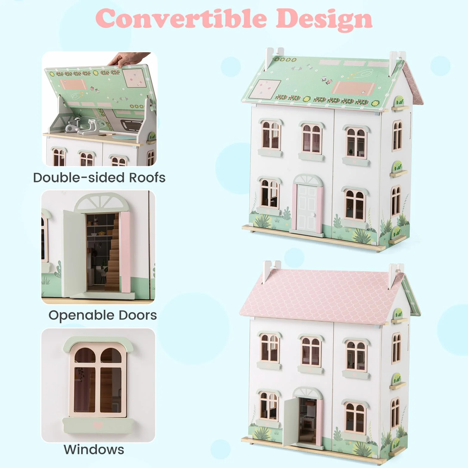 HOMASIS Casa delle Bambole per Bambini a 3 Piani, Casa da Sogno per Bambole in Legno con Mobili, Accessori, Tetti a Doppia Faccia, Villa delle Bambole di 3+ Anni, 55 x 33,5 x 66 cm, Rosa