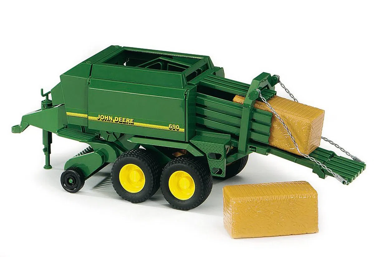 bruder 02017 - John Deere grande pressa con 2 balle quadrate, pressa 1:16, agricoltura, fattoria, macchina per la raccolta, rimorchio del trattore