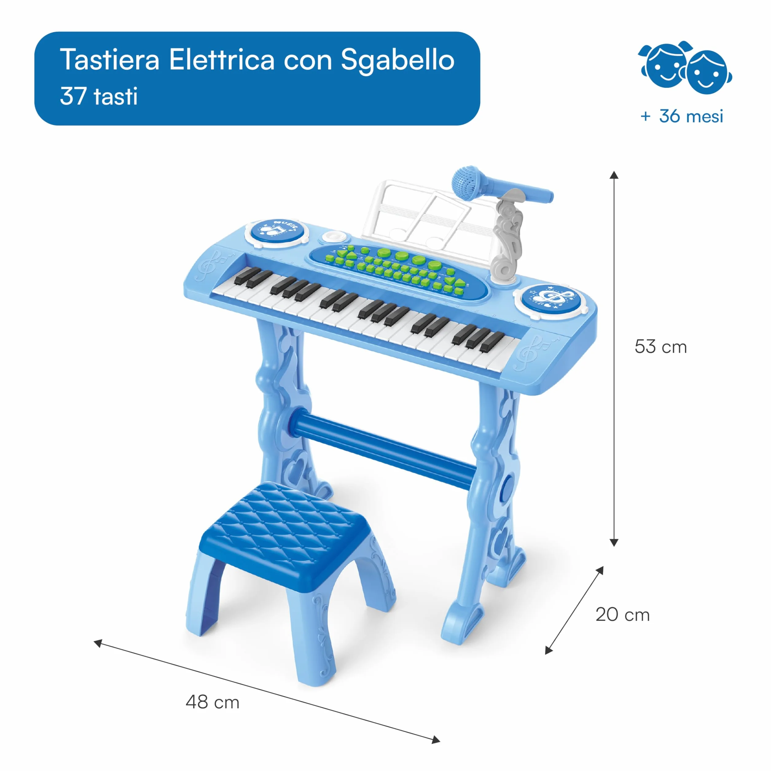 Baroni Toys Tastiera Elettronica con Sgabello per Bambini 3+ Anni con Microfono, Pianola Musicale con Melodie e Suoni Educativi, Tastiera 37 Tasti con Sedia Azzurra, 48x20x53cm