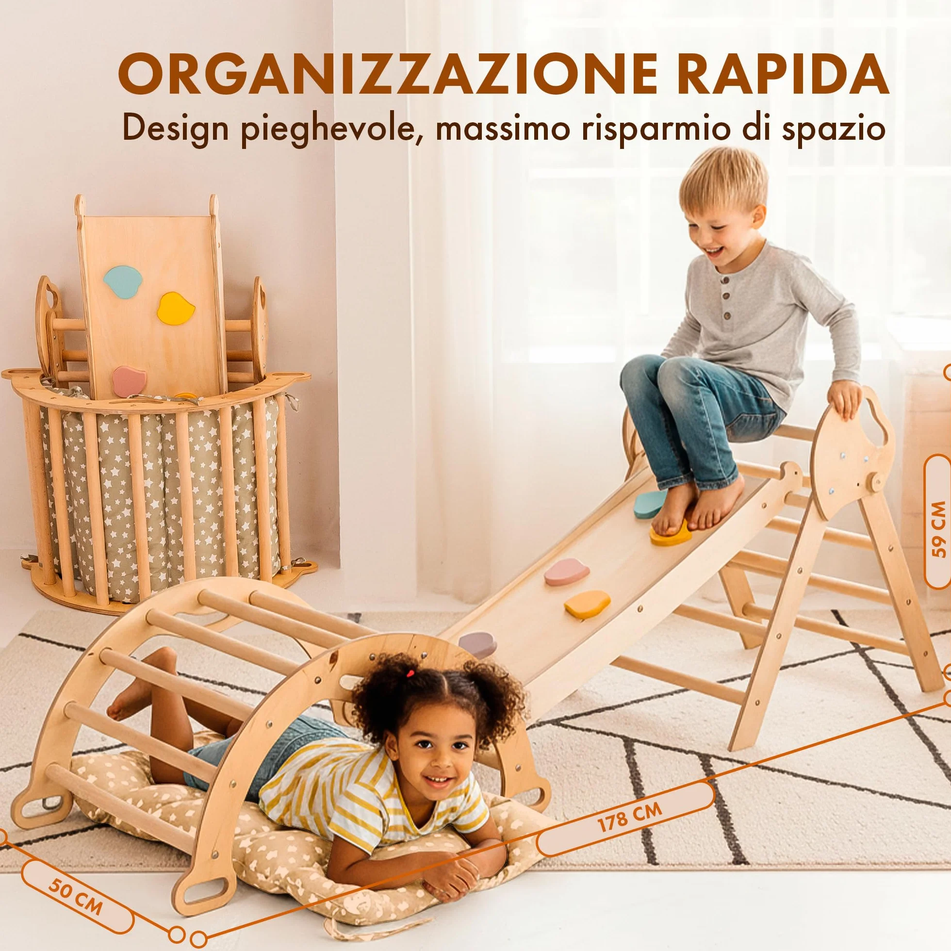Goodevas 5-in-1 Telaio da Arrampicata per Bambini - Scala a Triangolo, Arco per Arrampicata, Balance Board e Cuscino, Telaio da Arrampicata Montessori, Palestra in Legno per Bambini da 1 a 3 Anni