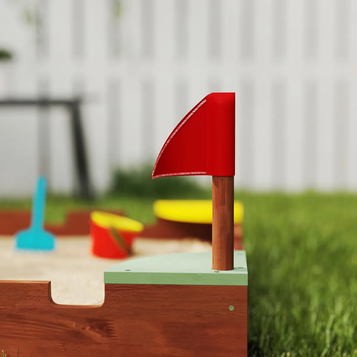 AIYAPLAY Sabbiera per Bambini 3-7 Anni a Forma di Castello con 4 Sedute con Bandierine, Sabbionaia per Bambini in Legno di Abete, 90x90x17 cm, Multicolore