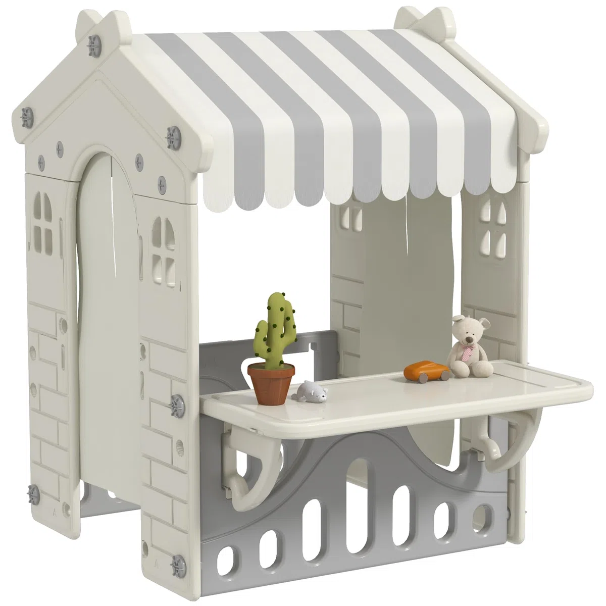 AIYAPLAY Casetta per Bambini con 4 Finestre, Porte ad Arco, Tetto e Bancone, Plastica, Crema