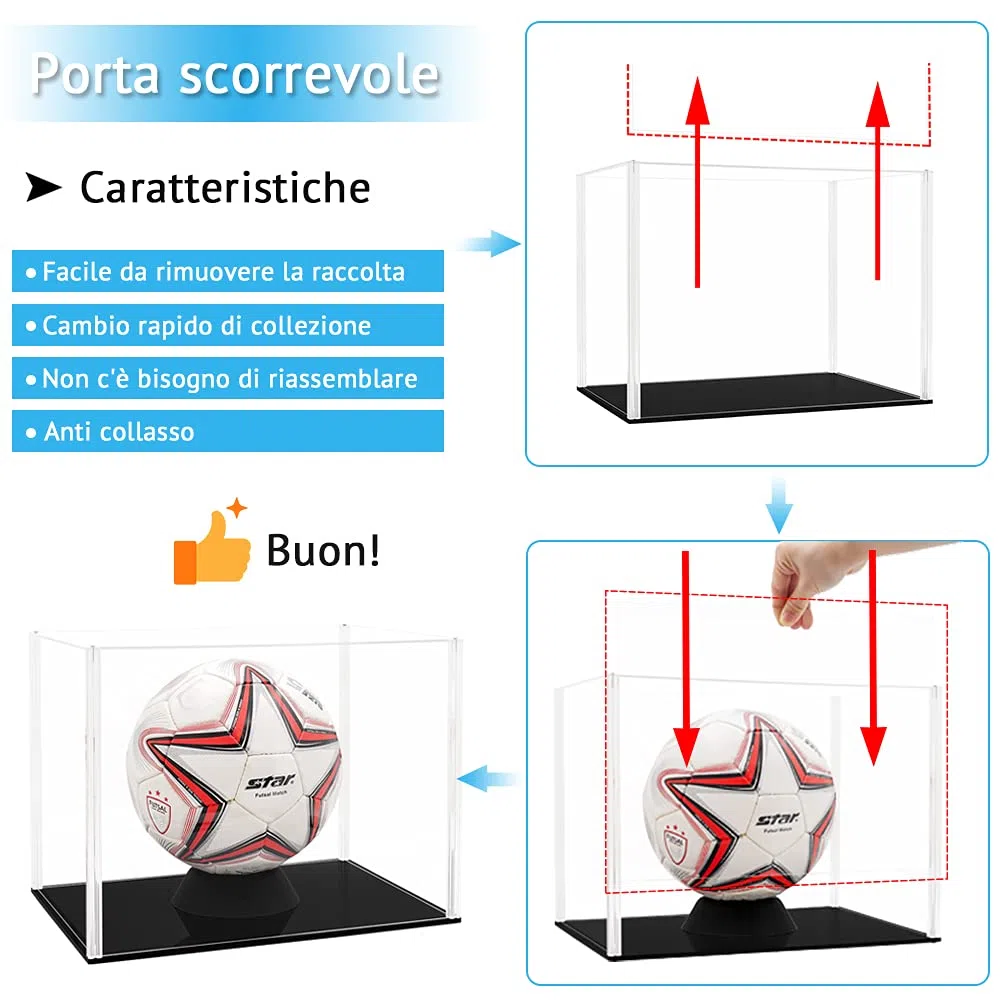 Teca Plexiglass (34,5 x 24,5 x 26 cm) Vetrina Acrilico Espositore per Pallone da Calcio Basket, Modellino