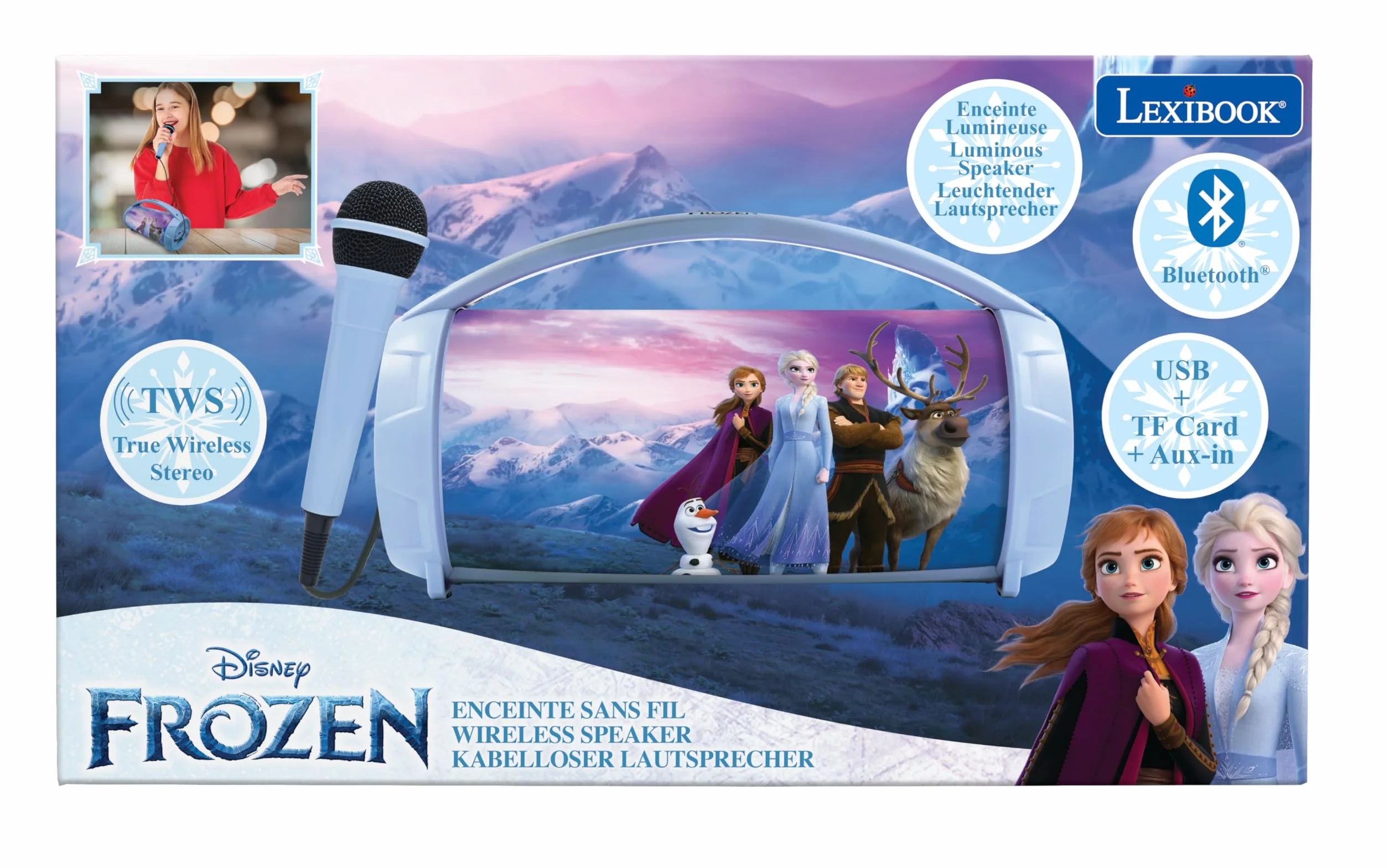 Lexibook Frozen Altoparlante Luminoso Senza Fili con Microfono Karaoke Stereo Ricaricabile Blu Viola BTP585FZZ