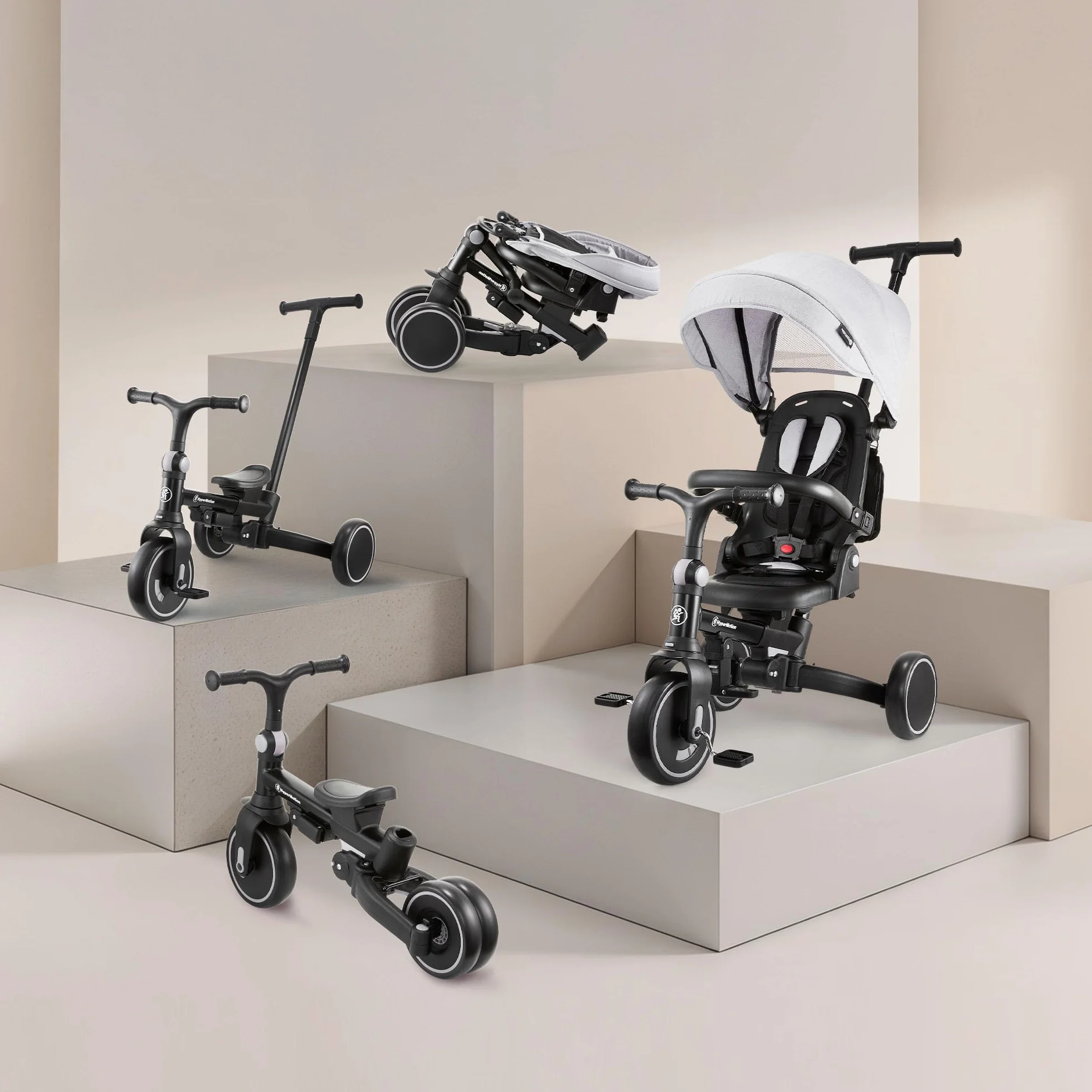 HyperMotion Triciclo Evolutivo 8 in 1 – Triciclo Passeggino Reclinabile e Pieghevole con Seduta Girevole 360° – con Cappottina, Maniglione e Cintura – per Bambini 1-5 Anni