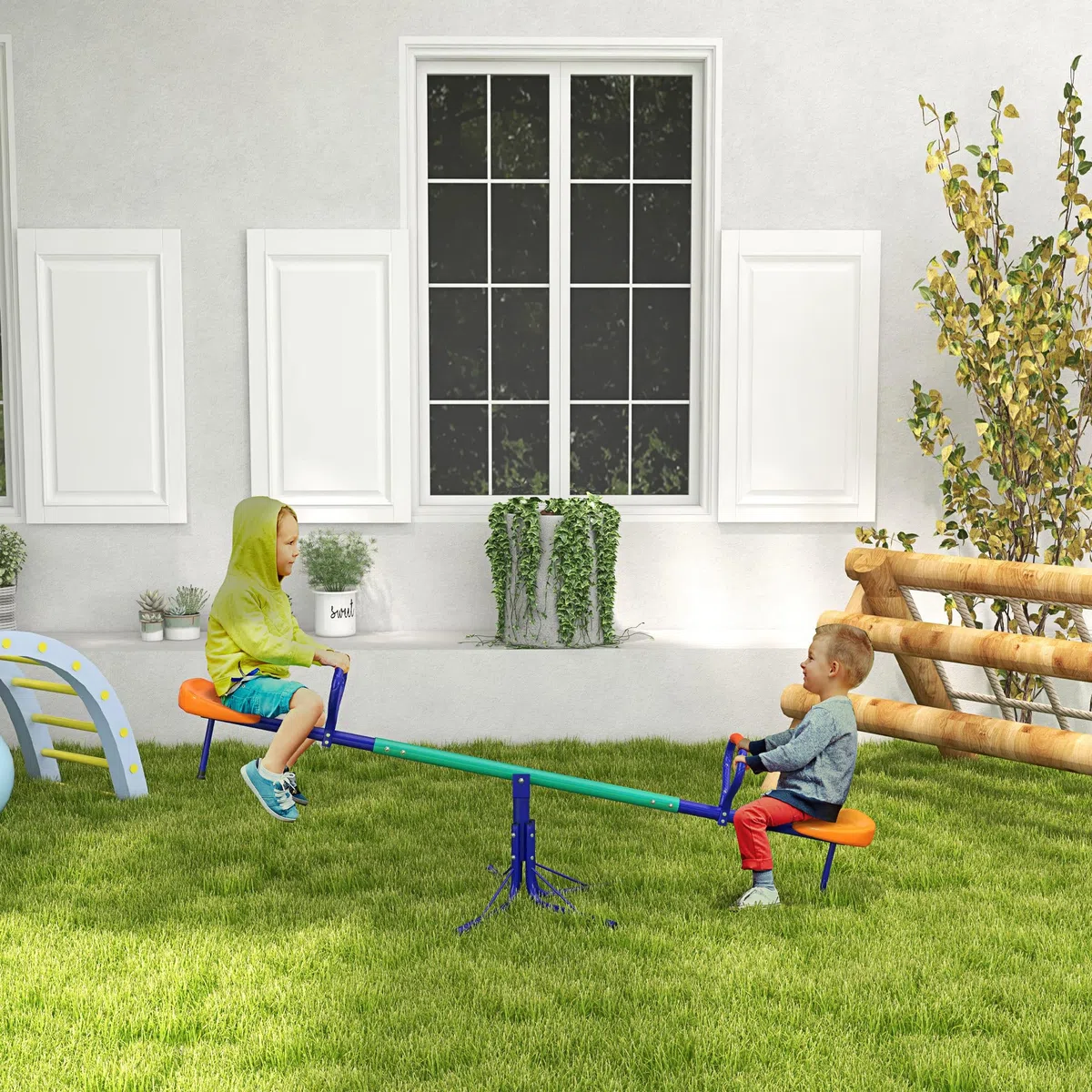 Outsunny Altalena a Bilico per Bambini 3-8 Anni 360° Rotazione Giardino Basculante Acciaio Seggiolini PP 192x60x60 cm Multicolore