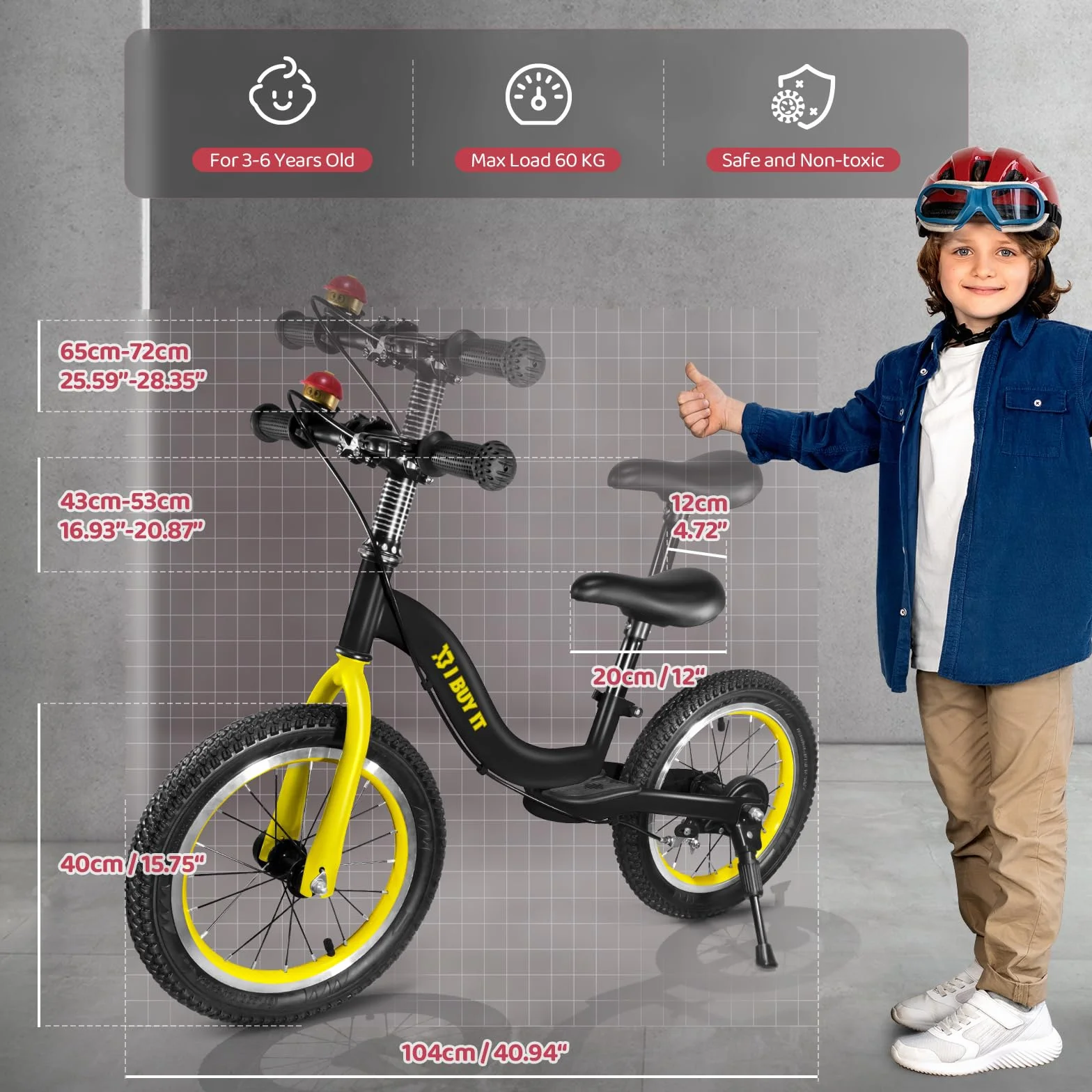 Bicicletta da 14/16 pollici a partire da 3 4 5 6 7 anni ragazzi ragazze ruote regolabili per bambini con freno e supporto, bicicletta per bambini senza pedali con pneumatici e poggiapiedi