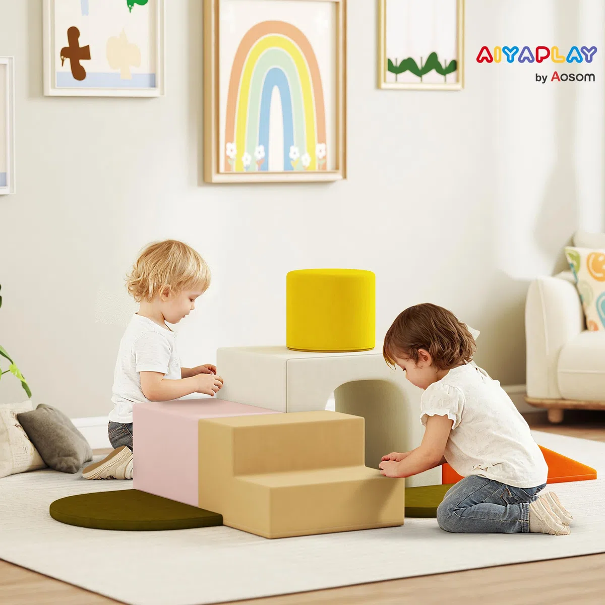 AIYAPLAY Set 8 Costruzioni Morbide per Bambini 0-3 Anni in Velluto e Schiuma PU Arancione