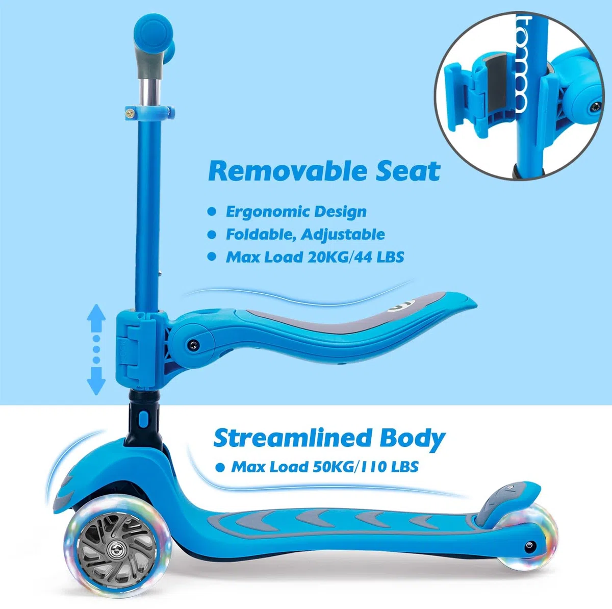 Stompa Monopattino per bambini a partire dai 3 anni in su, pieghevole, 3 ruote, luce flash a LED, 4 regolabili in altezza, scooter per bambini con sedile, scooter per 3-8