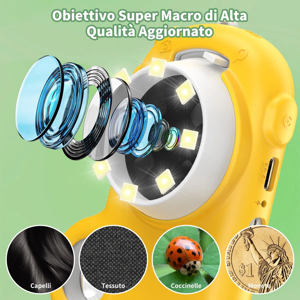 2 in 1 Microscopio Bambini, Deepoter 1000X Microscopio Digitale, Microscopios Portatile con 8 LED Regolabili, Adatto come Regalo di Natale, Compleanno o Capodannodai 3 Aagli 12 Anni, Giallo