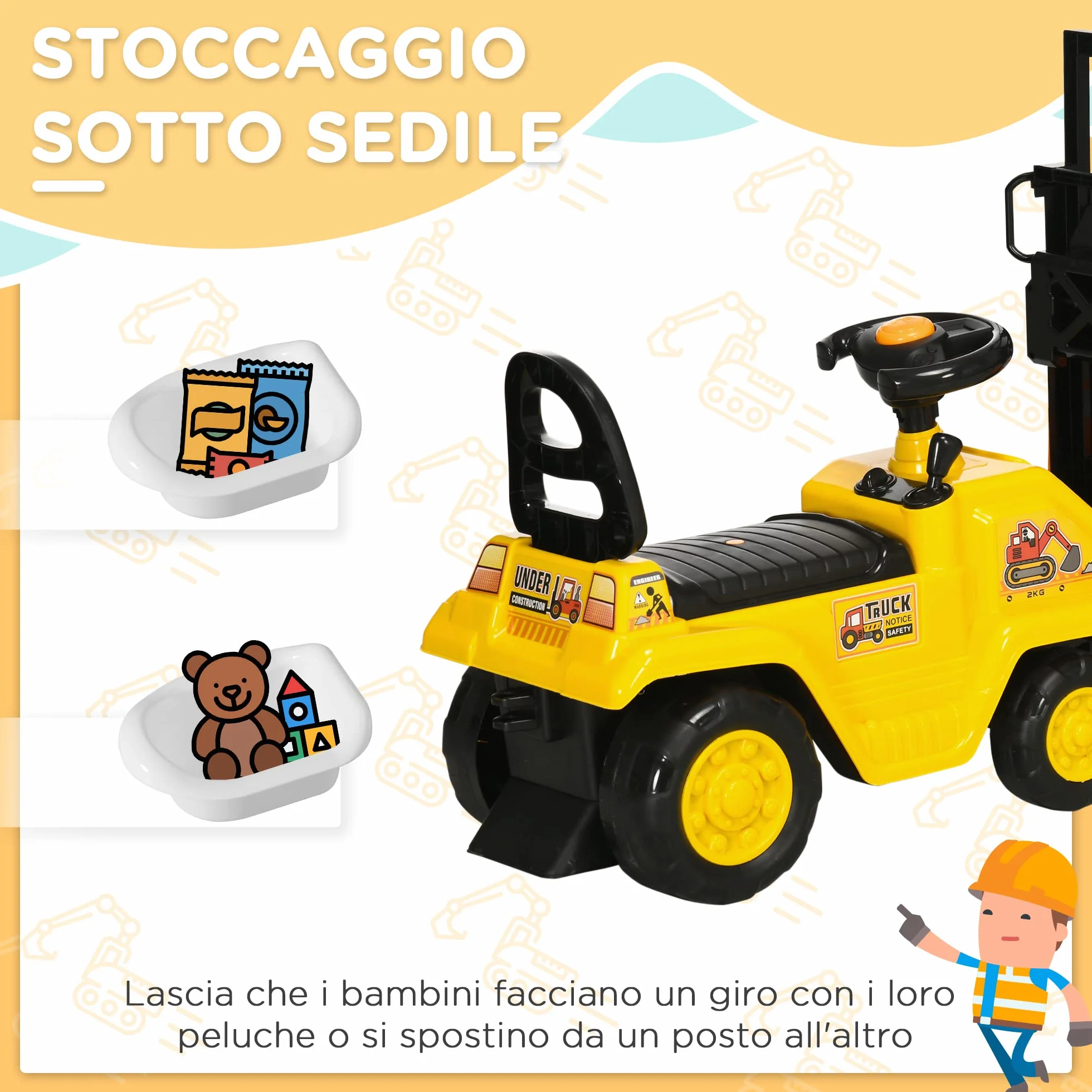 HOMCOM Trattore Cavalcabile per Bambini 3-4 Anni con Muletto, Pulsante per Suoni e Spazio Portaoggetti Nascosto, in PP e ABS, 86x27.5x47.5 cm, Giallo e Nero